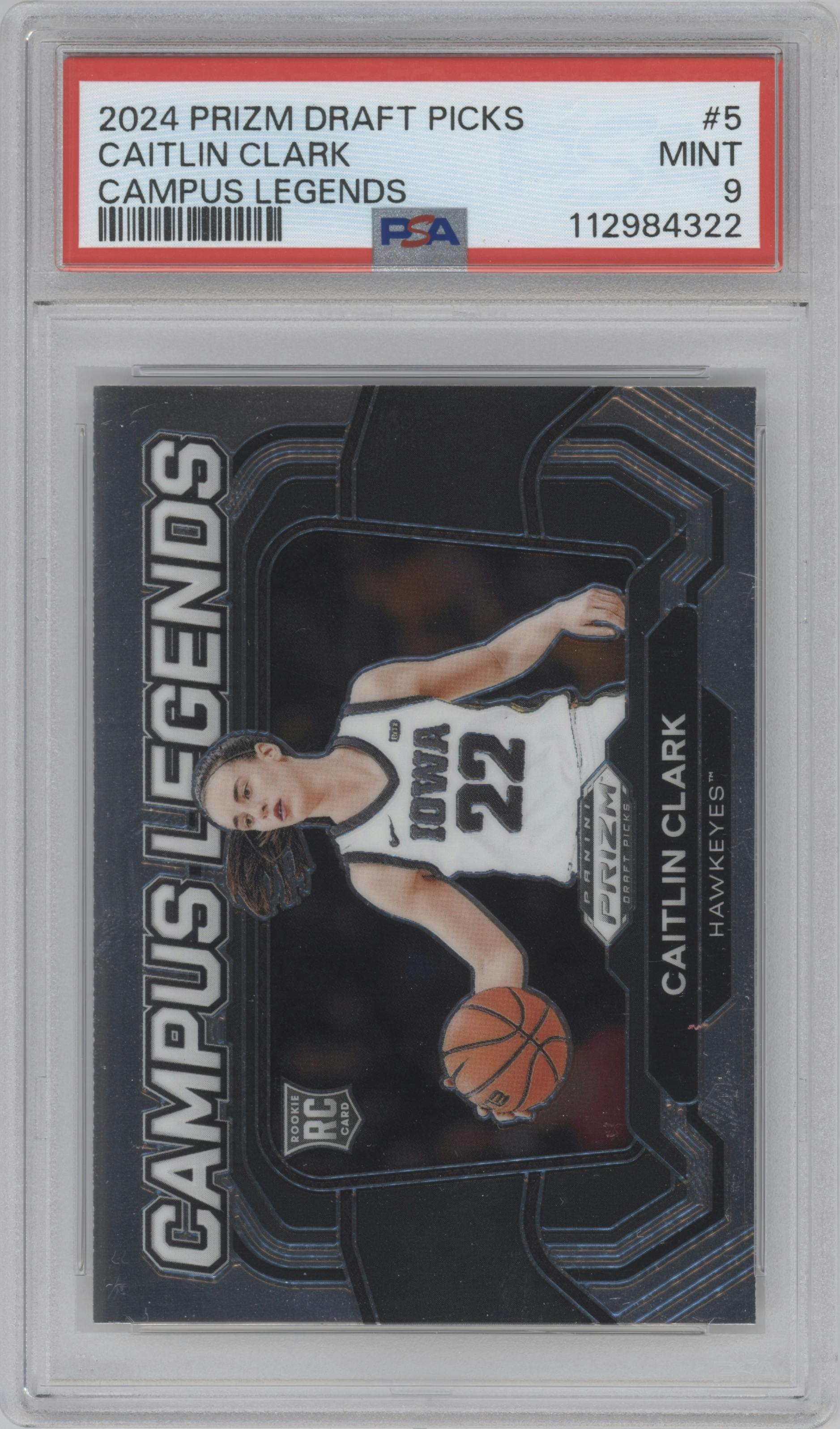 Caitlin Clark from the 2024 Panini Prizm Draft Picks set graded by PSA and given an overall grade of 9.