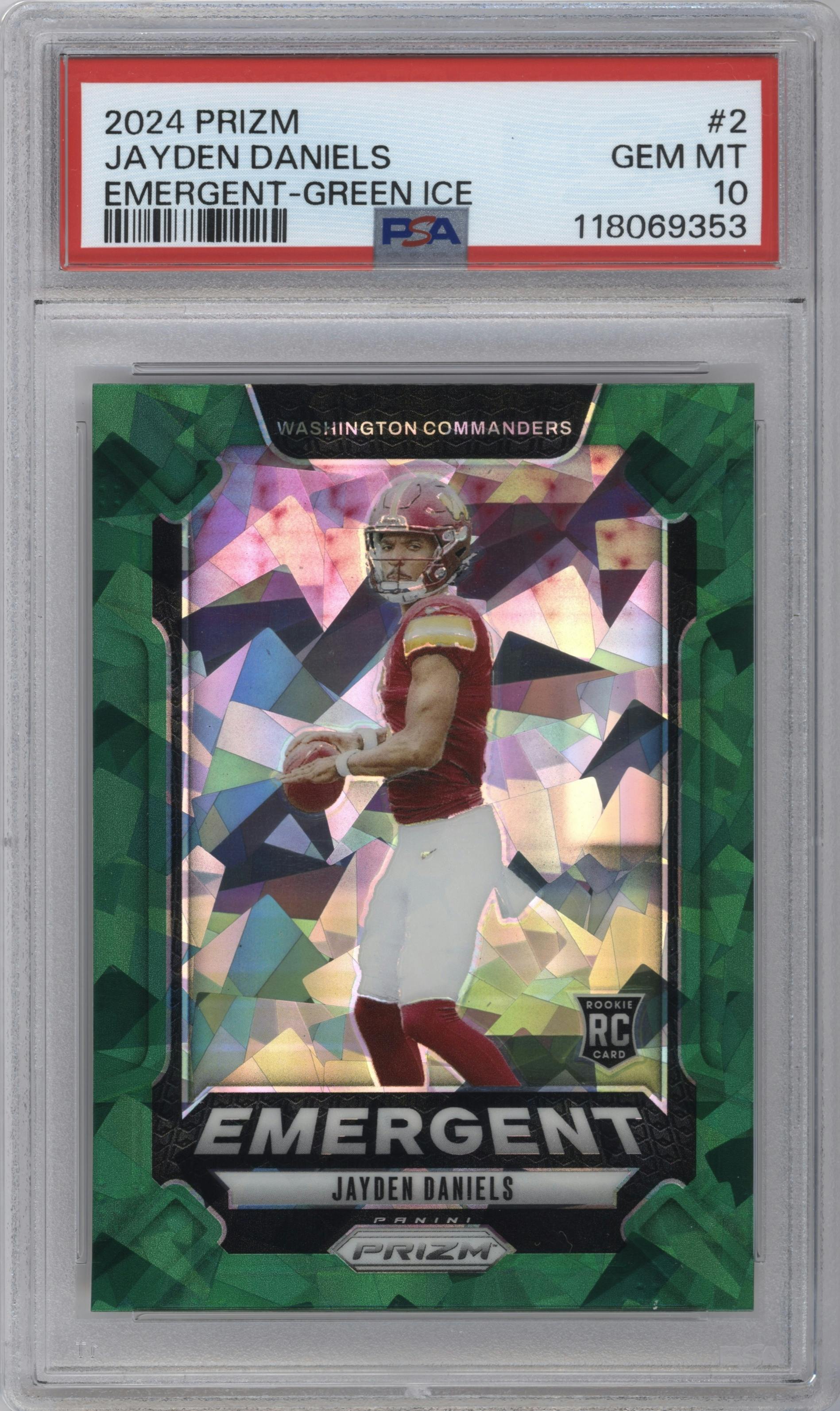 Jayden Daniels from the 2024 Panini Prizm set featuring a Green Ice parallel graded by PSA and given an overall grade of 10.