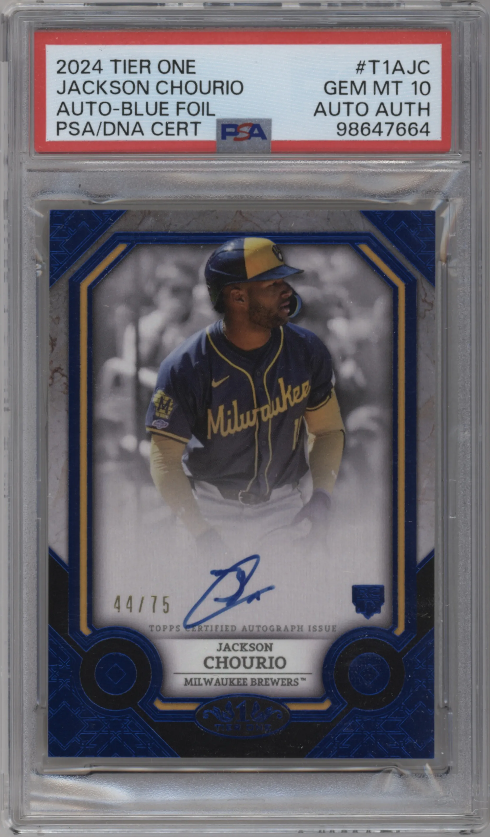 Jackson Chourio from the 2024 Topps Tier One  set featuring a Blue Foil parallel graded by PSA and given an overall grade of 10.