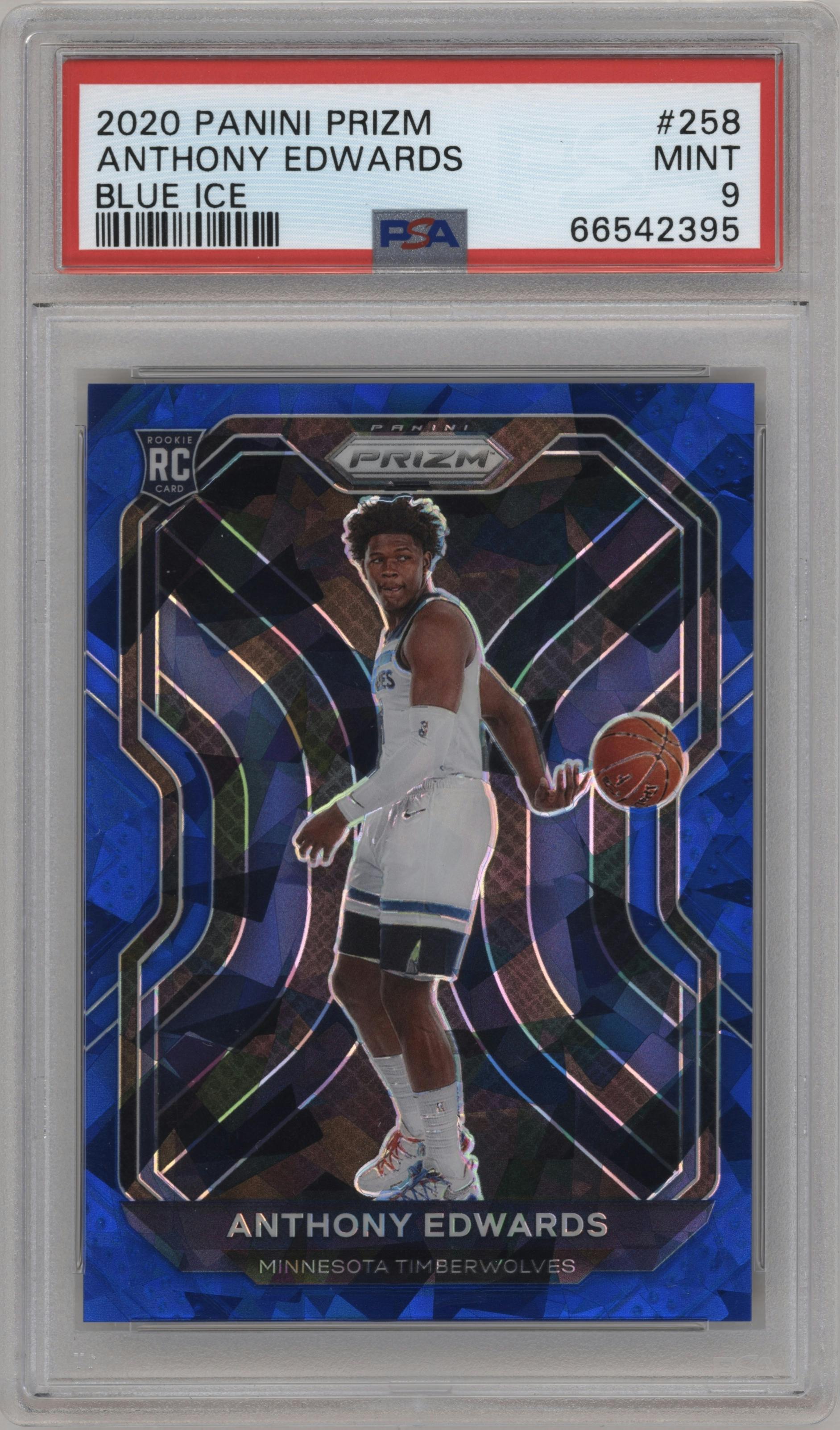 Anthony Edwards from the 2020-21 Panini Prizm set featuring a Blue Ice parallel graded by PSA and given an overall grade of 9.