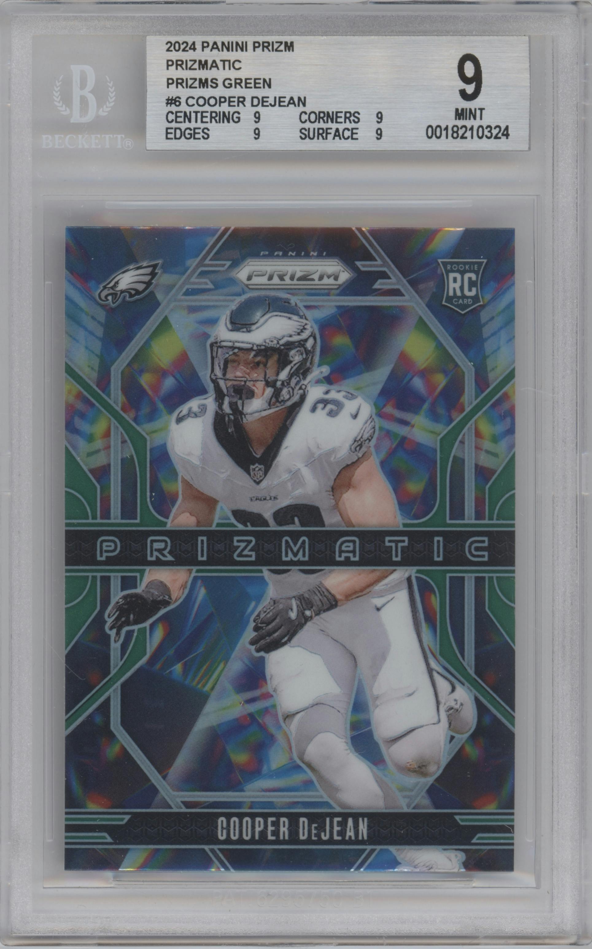 Cooper DeJean from the 2024 Panini Prizm set featuring a Green Prizm parallel graded by Beckett and given an overall grade of 9.