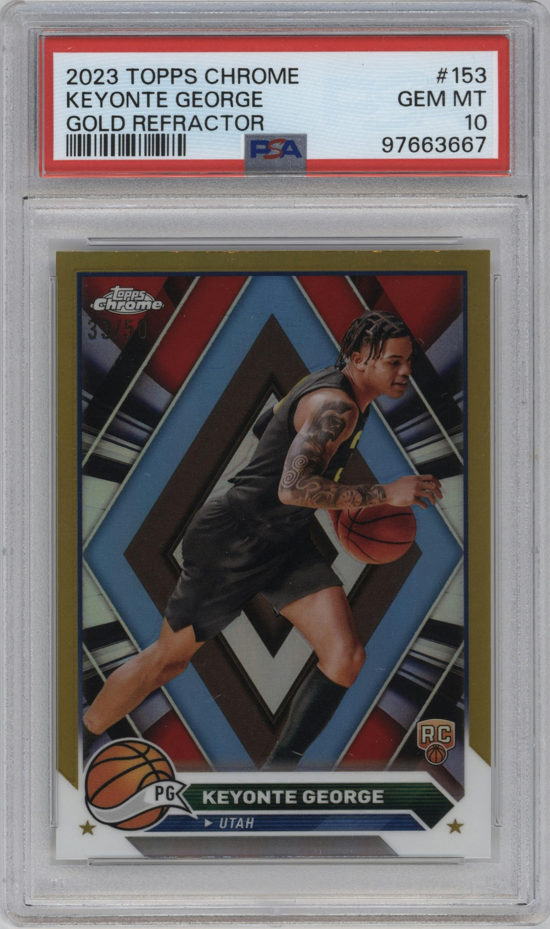Keyonte George from the 2023-24 Topps Chrome set featuring a Gold Refractor parallel graded by PSA and given an overall grade of 10.