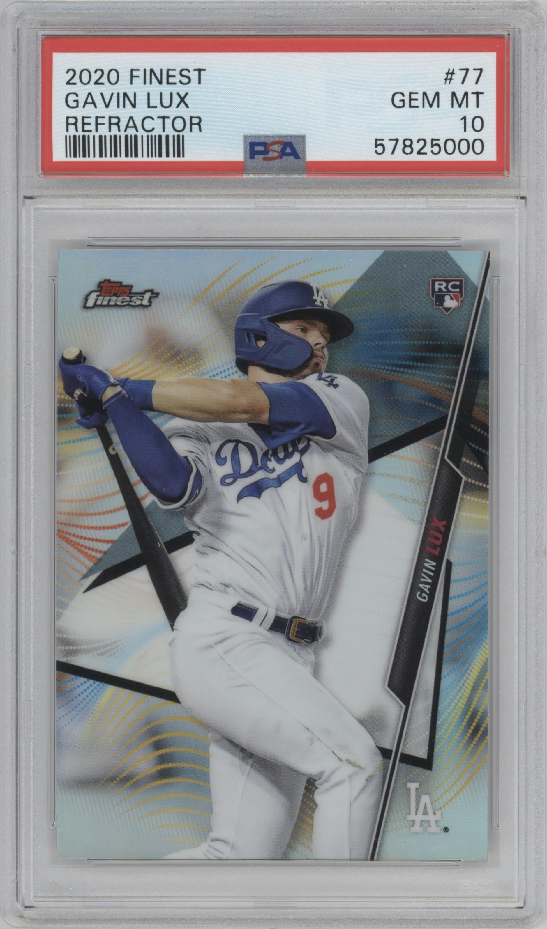 Gavin Lux from the 2020 Topps Finest set featuring a Refractor  parallel graded by PSA and given an overall grade of 10.