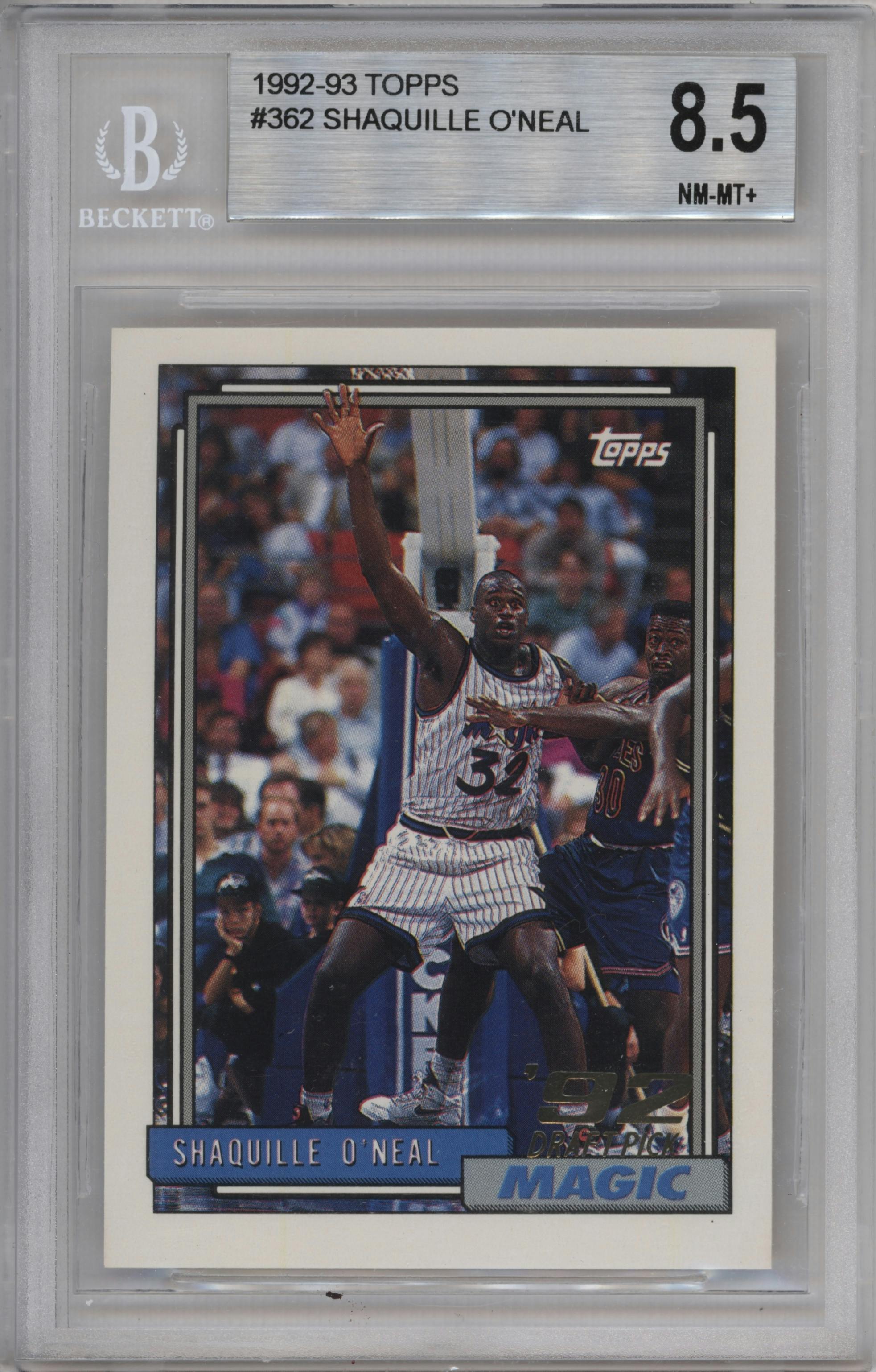 Shaquille O'Neal from the 1992-93 Topps set graded by Beckett and given an overall grade of 8.5.