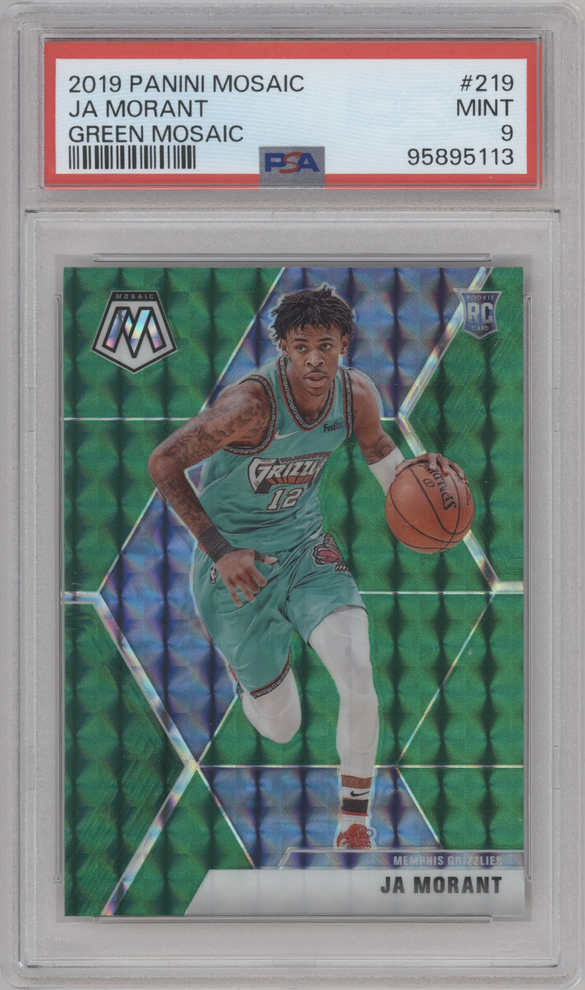 Ja Morant from the 2019-20 Panini Mosaic  set featuring a Green Mosaic parallel graded by PSA and given an overall grade of 9.