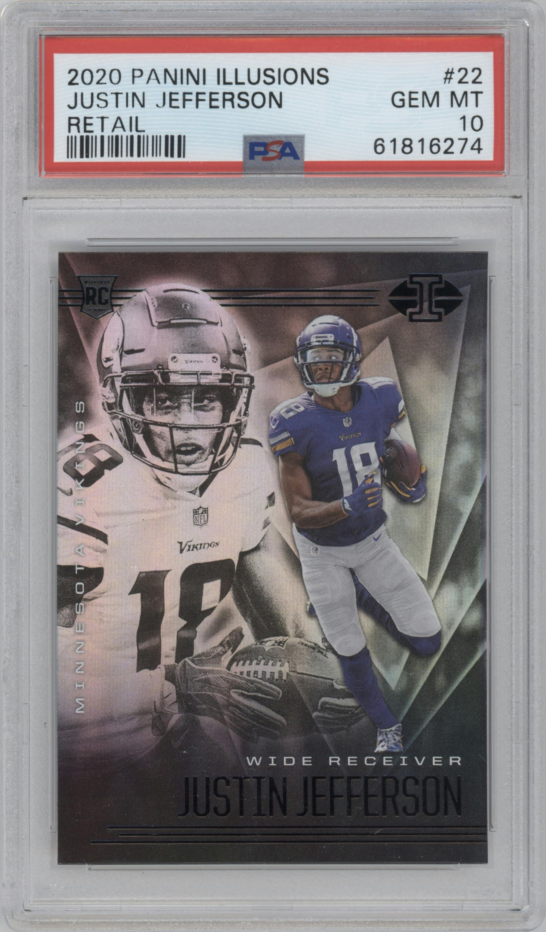 Justin Jefferson from the 2020 Panini Illusions set featuring a Retail parallel graded by PSA and given an overall grade of 10.