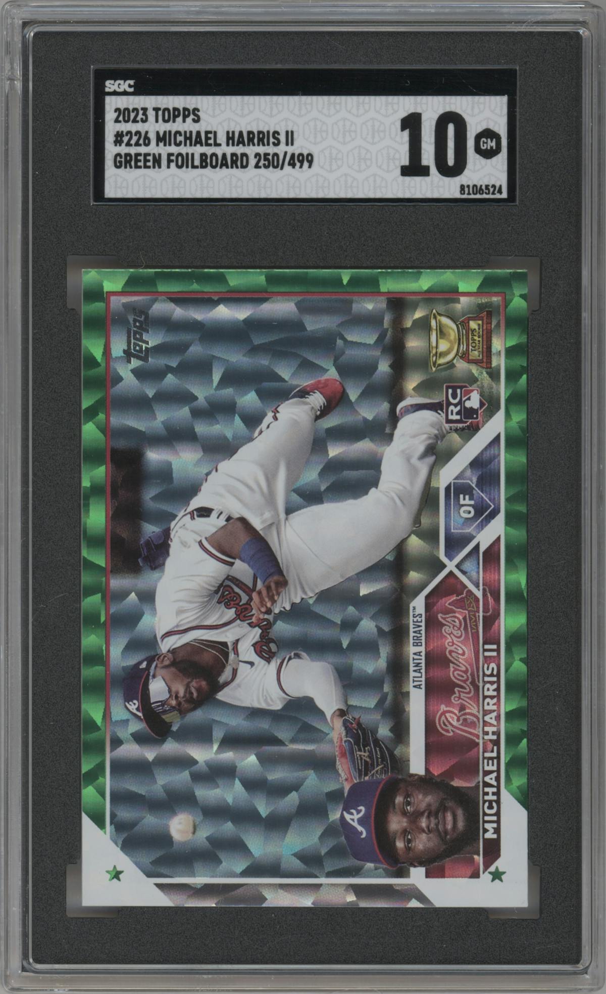 Michael Harris II from the 2023 Topps Series 1 set featuring a Green Foil parallel graded by SGC and given an overall grade of 10.