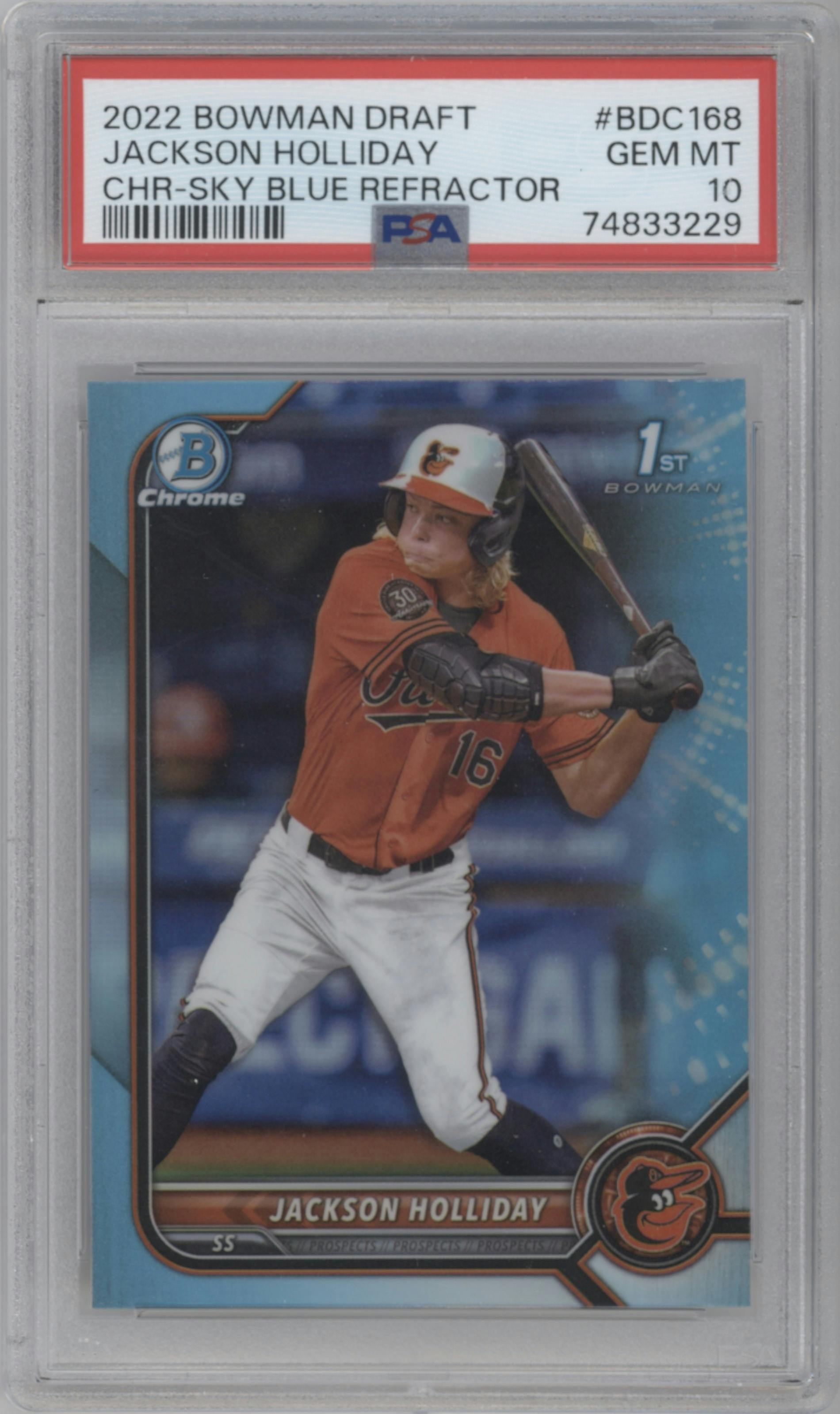 Jackson Holliday from the 2022 Bowman Draft set featuring a Sky Blue Refractor parallel graded by PSA and given an overall grade of 10.