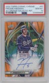 Freddie Freeman from the 2022 Topps Cosmic Chrome set featuring a Orange Galactic Refractor parallel graded by PSA and given an overall grade of 10.