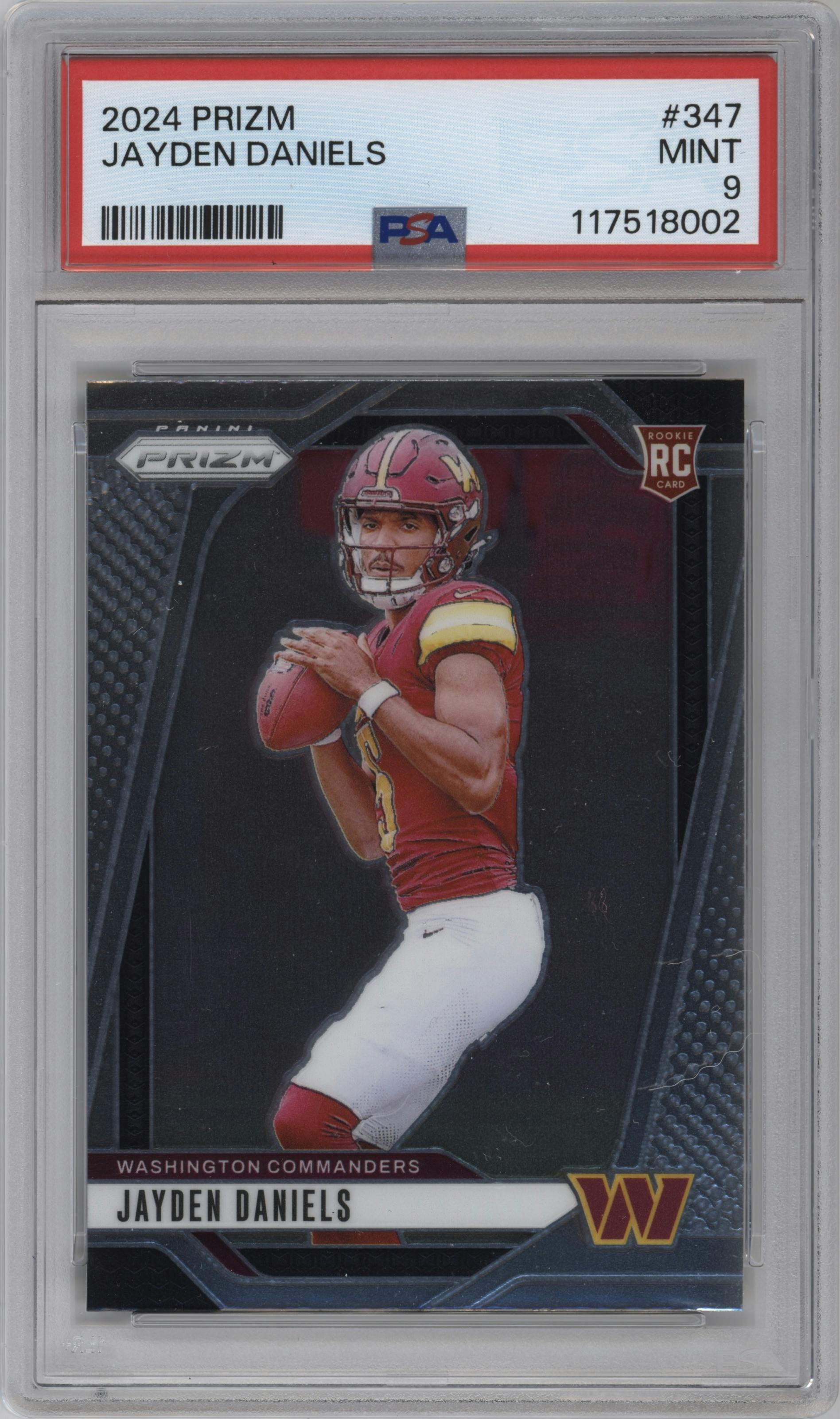 Jayden Daniels from the 2024 Panini Prizm set graded by PSA and given an overall grade of 9.
