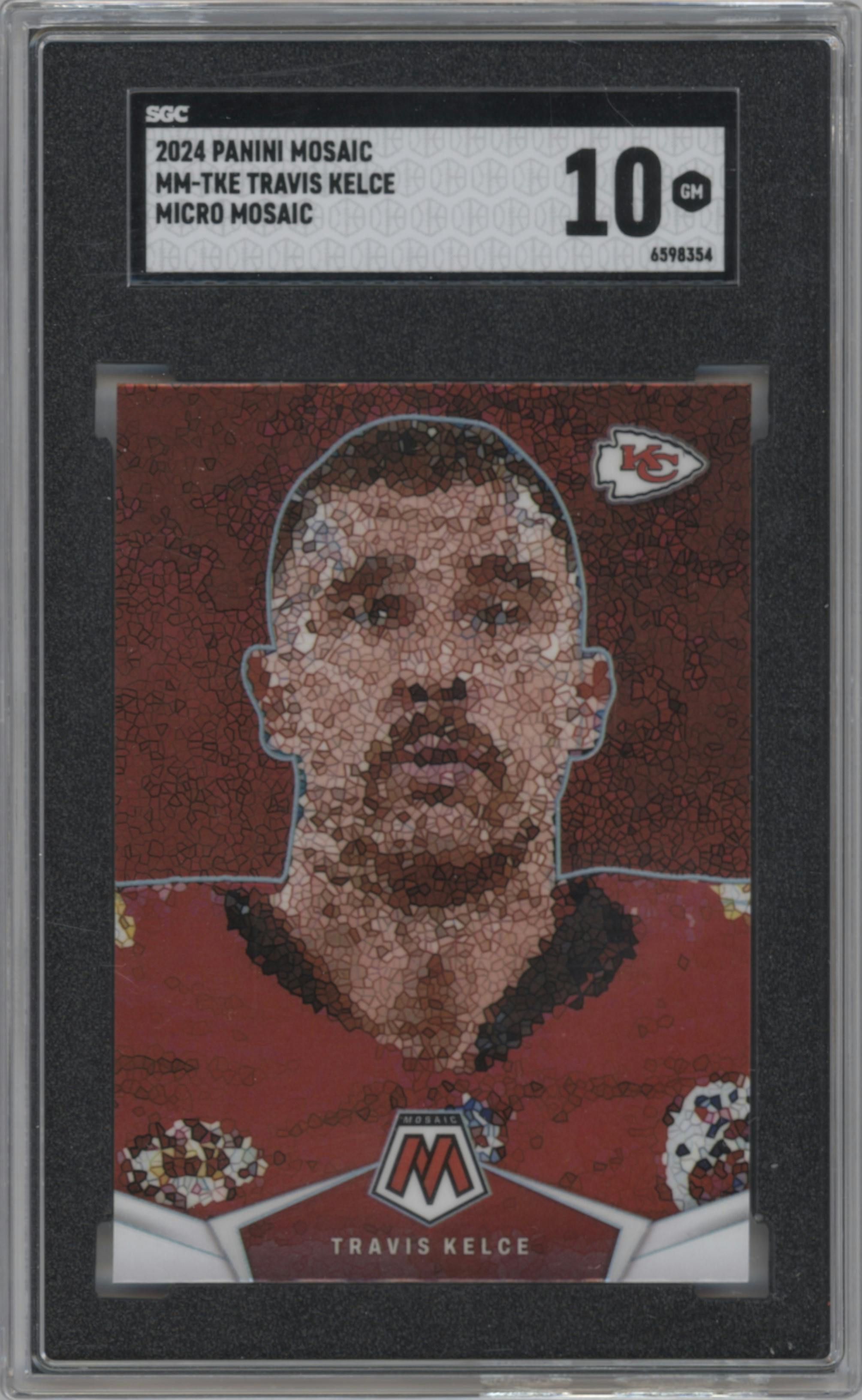 Travis Kelce	 from the 2024 Panini Mosaic set graded by SGC and given an overall grade of 10.