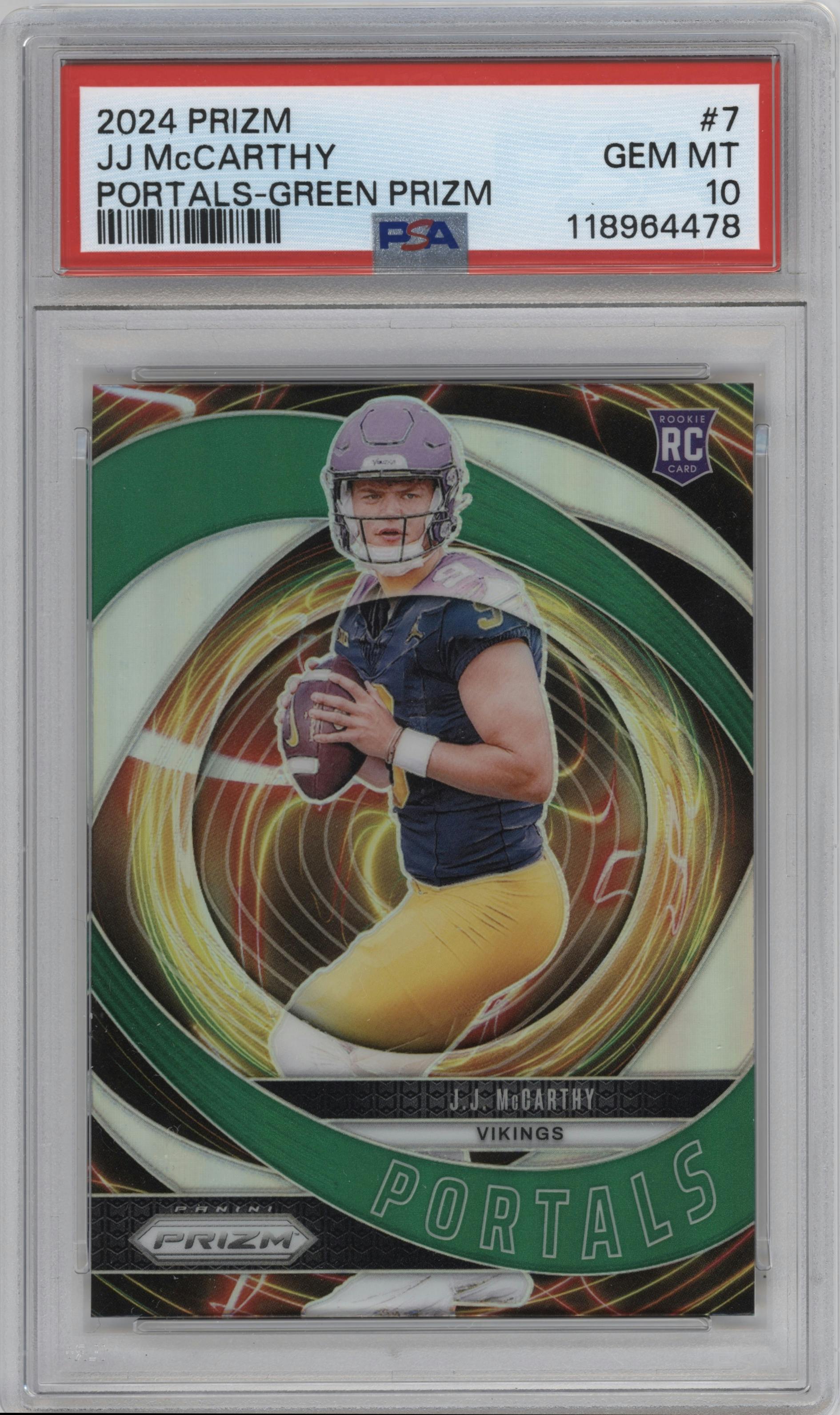 J.J. McCarthy from the 2024 Panini Prizm set featuring a Green Prizm parallel graded by PSA and given an overall grade of 10.