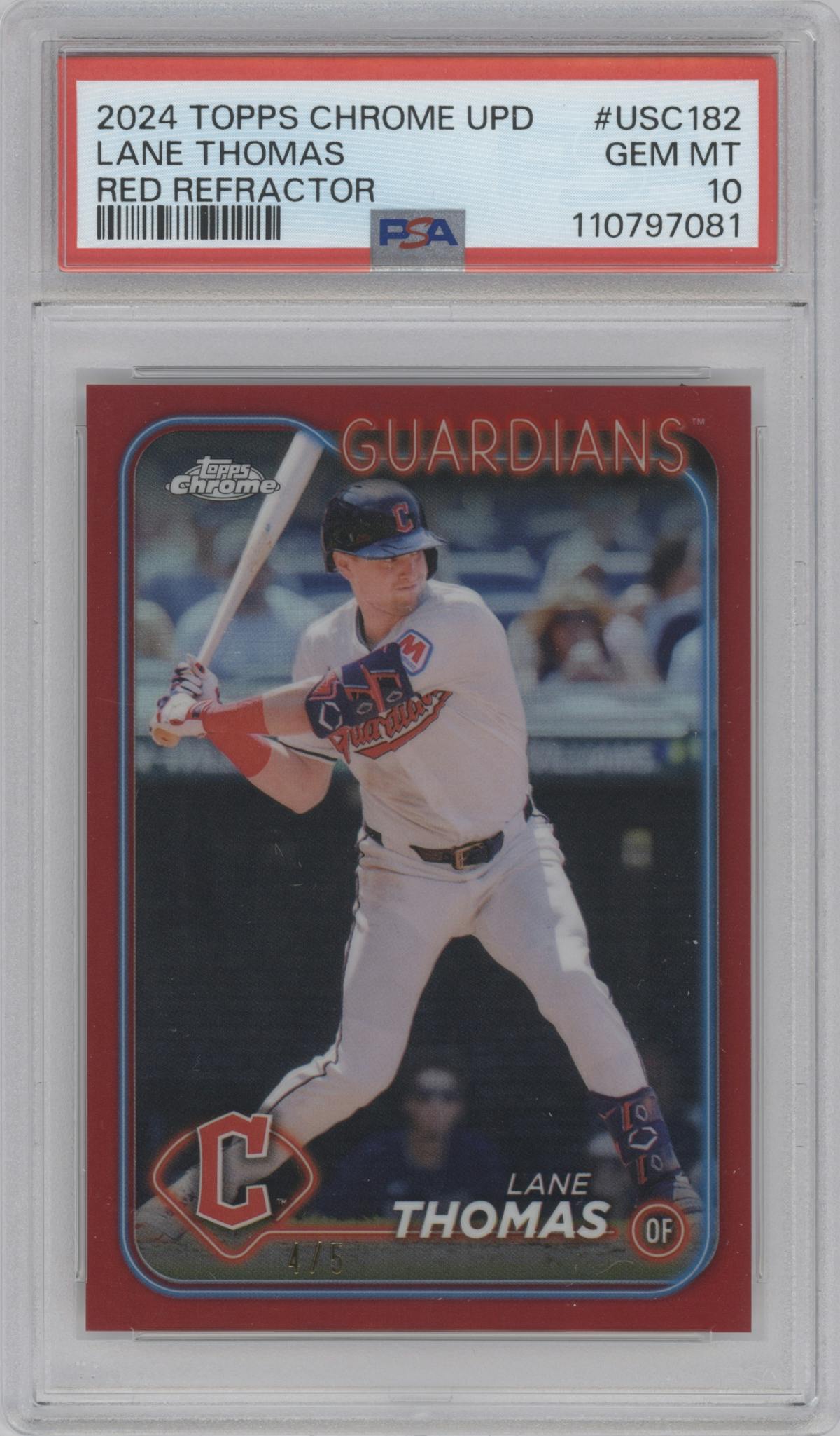 Lane Thomas from the 2024 Topps Chrome Update set featuring a Red Refractor parallel graded by PSA and given an overall grade of 10.