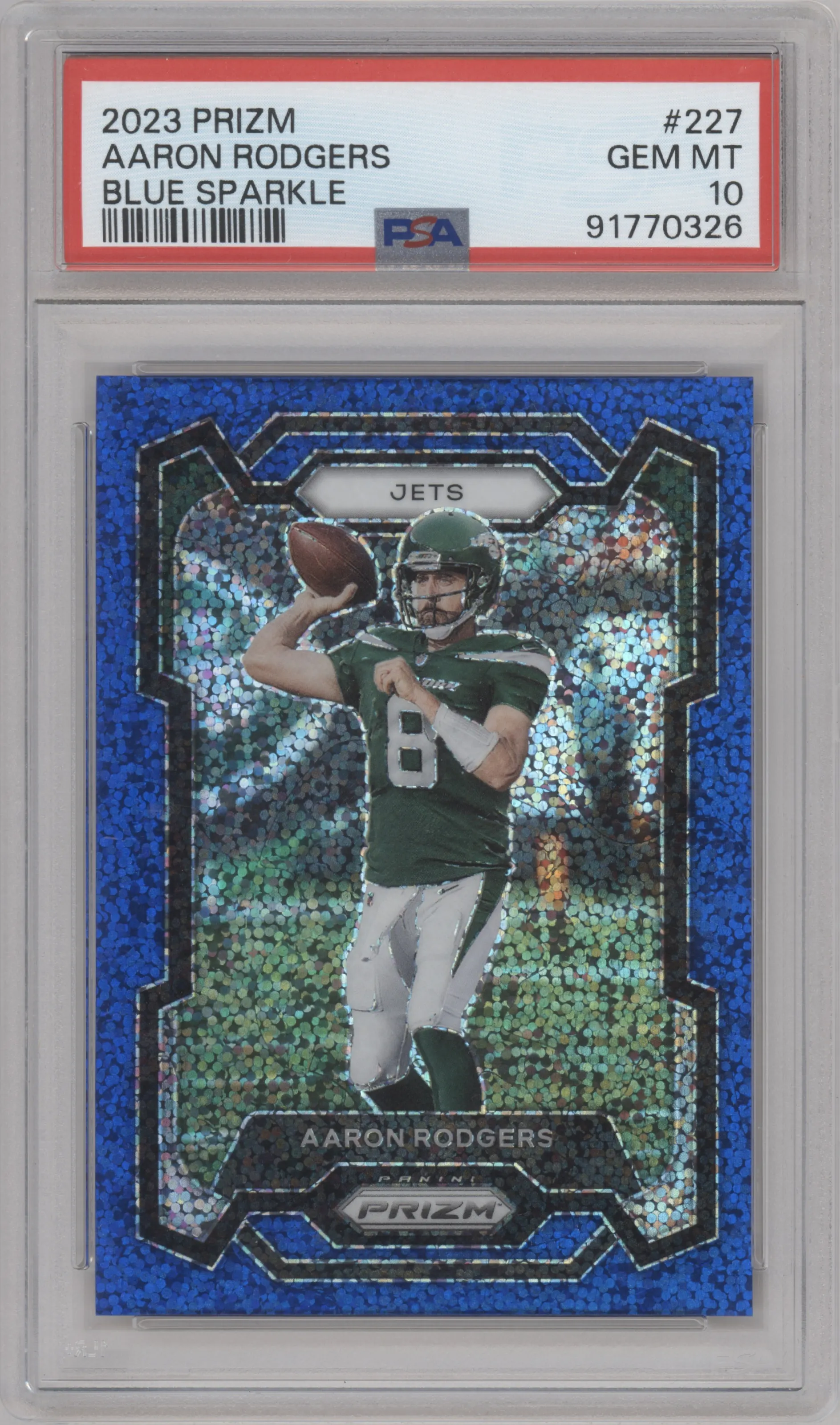 2023 Panini Prizm Aaron Rodgers Blue Sparkle PSA 10