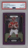 Patrick Mahomes II from the 2023 Panini Prizm set featuring a Purple Prizm parallel graded by PSA and given an overall grade of 10.