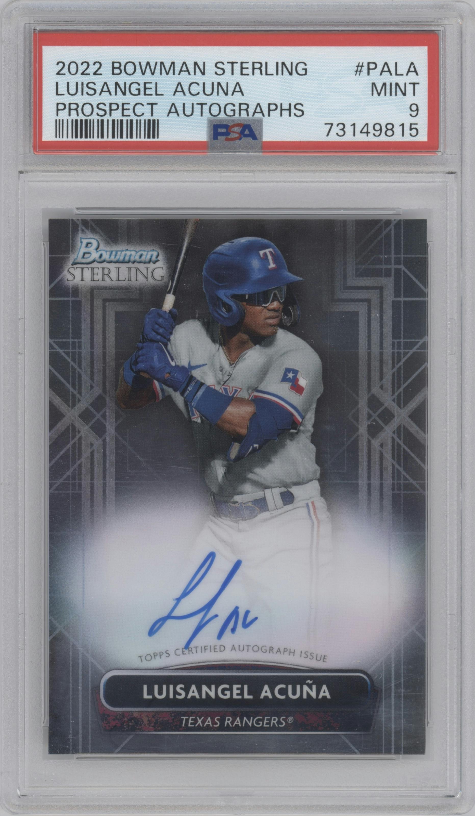 Luisangel Acuna from the 2022 Bowman Sterling set graded by PSA and given an overall grade of 9.