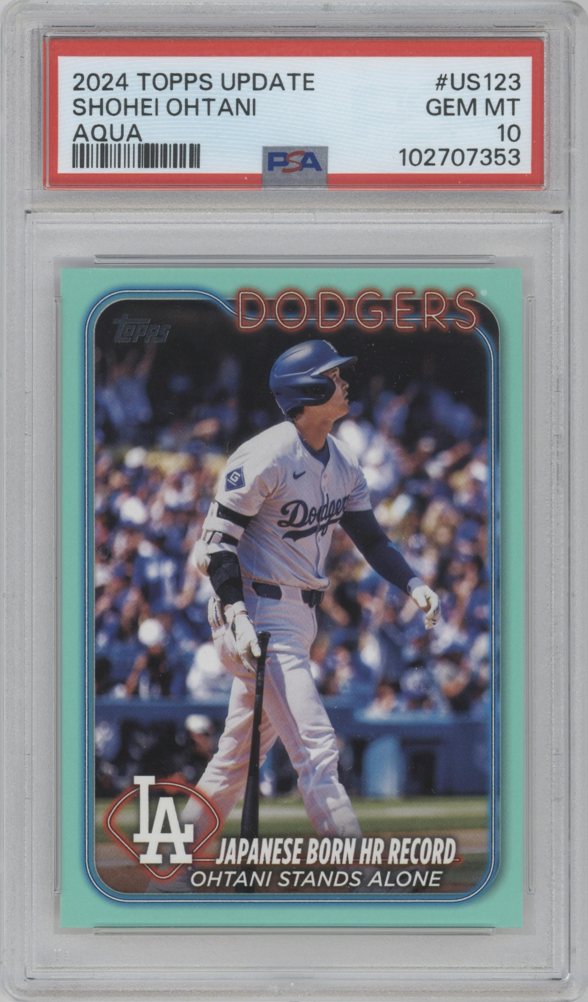 Shohei Ohtani from the 2024 Topps Update set featuring a Aqua parallel graded by PSA and given an overall grade of 10.