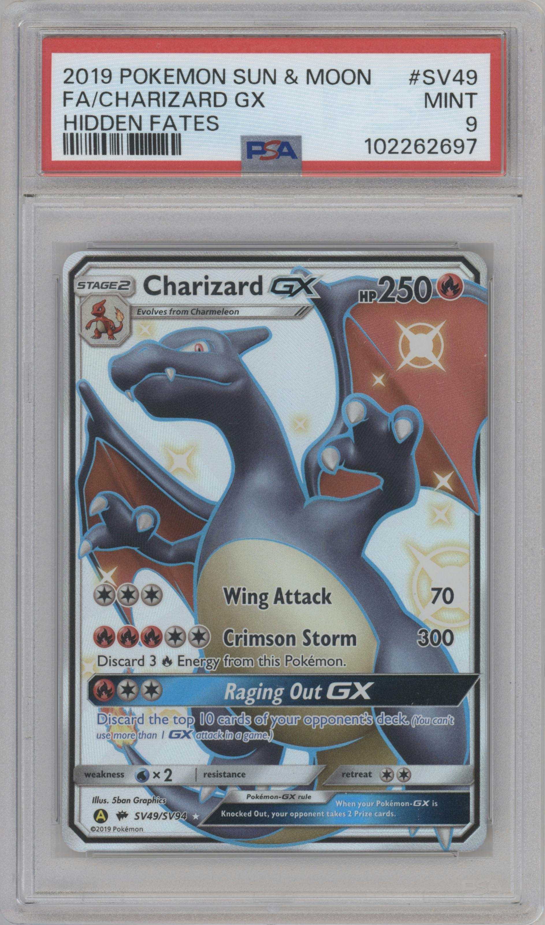 Charizard GX from the 2019 Pokemon S&M  set graded by PSA and given an overall grade of 9.