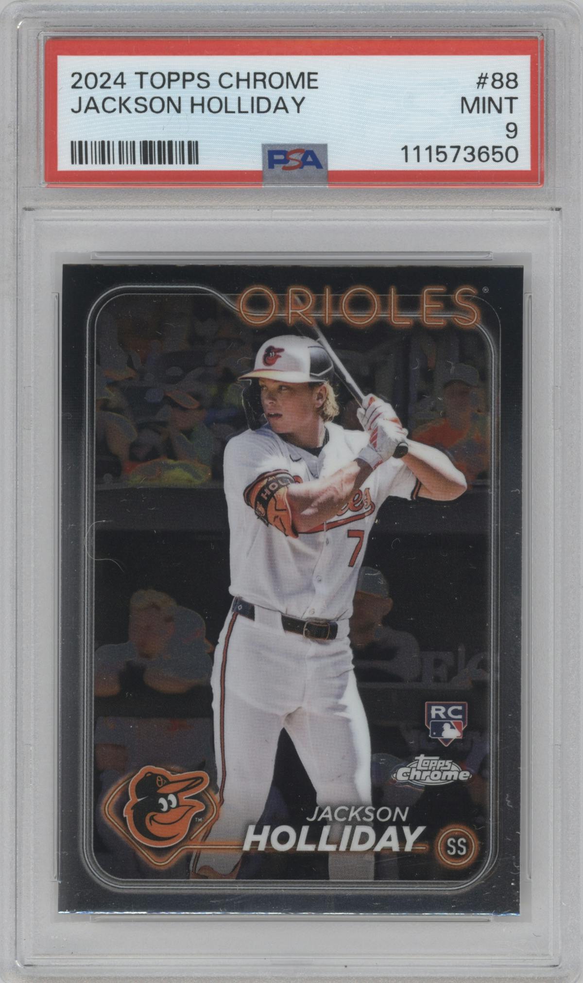 Jackson Holiday from the 2024 Topps Chrome set graded by PSA and given an overall grade of 9.