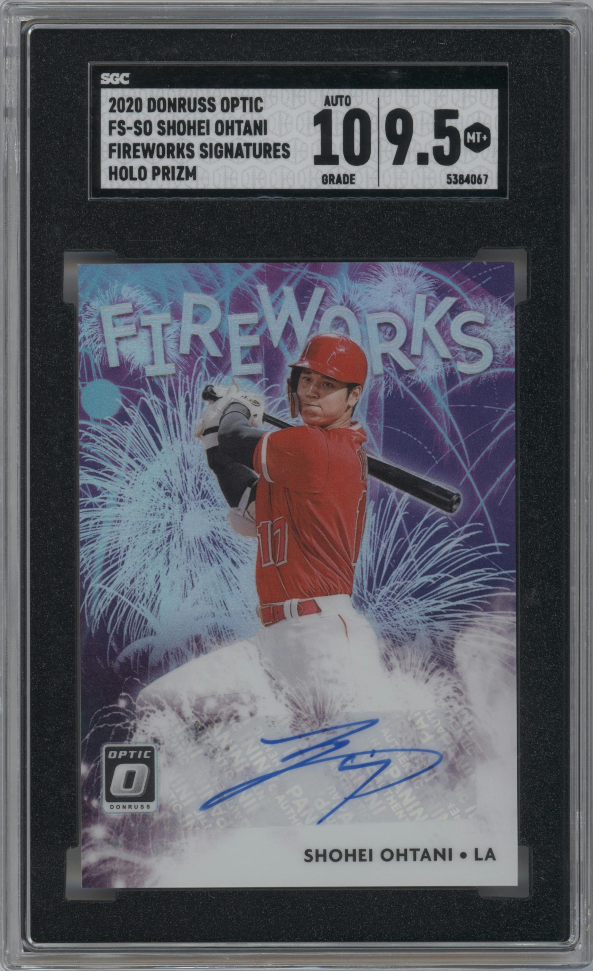 Shohei Ohtani from the 2020 Panini Donruss Optic set featuring a Holo parallel graded by SGC and given an overall grade of 9.5.