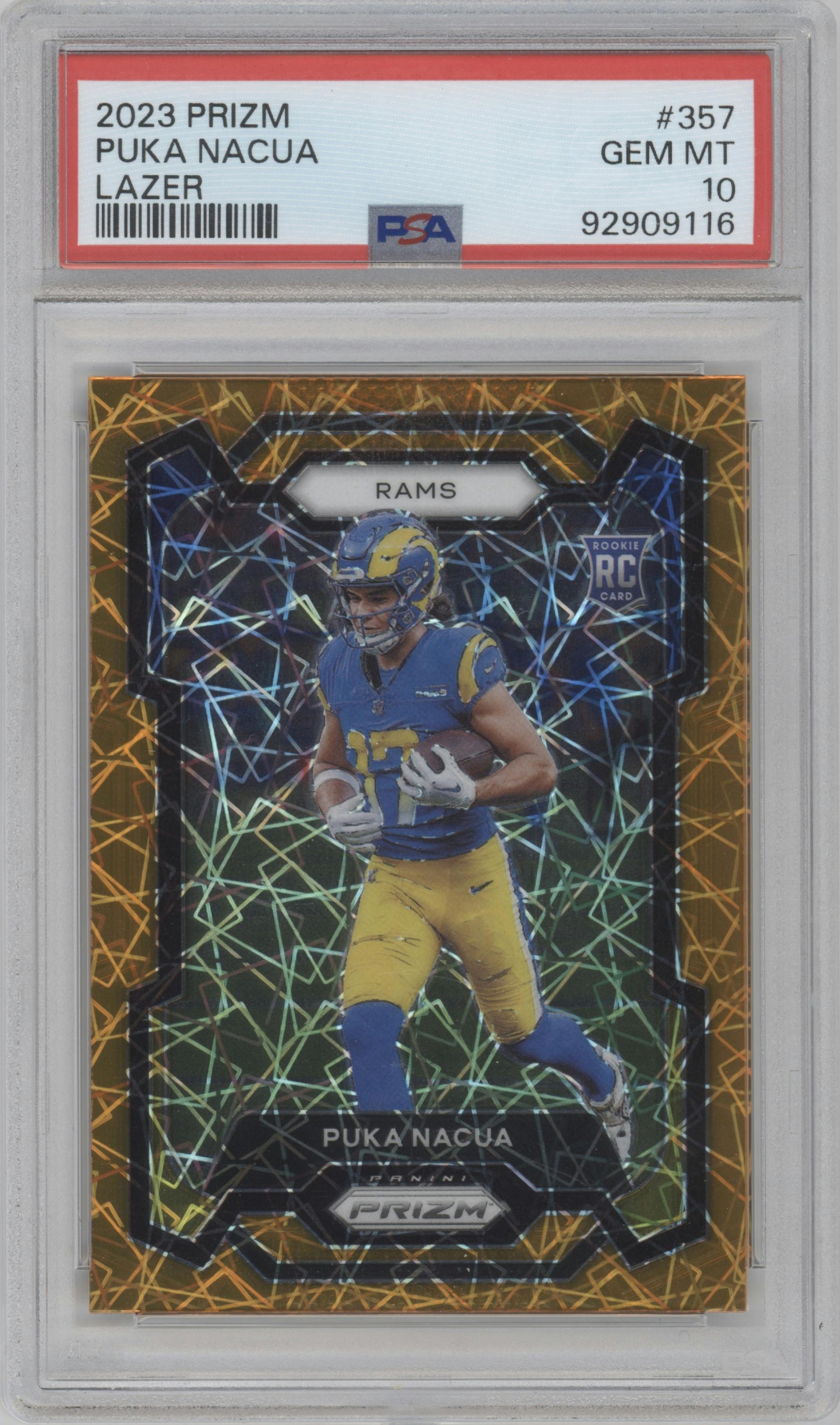 Puka Nacua from the 2023 Panini Prizm set featuring a Lazer parallel graded by PSA and given an overall grade of 10.