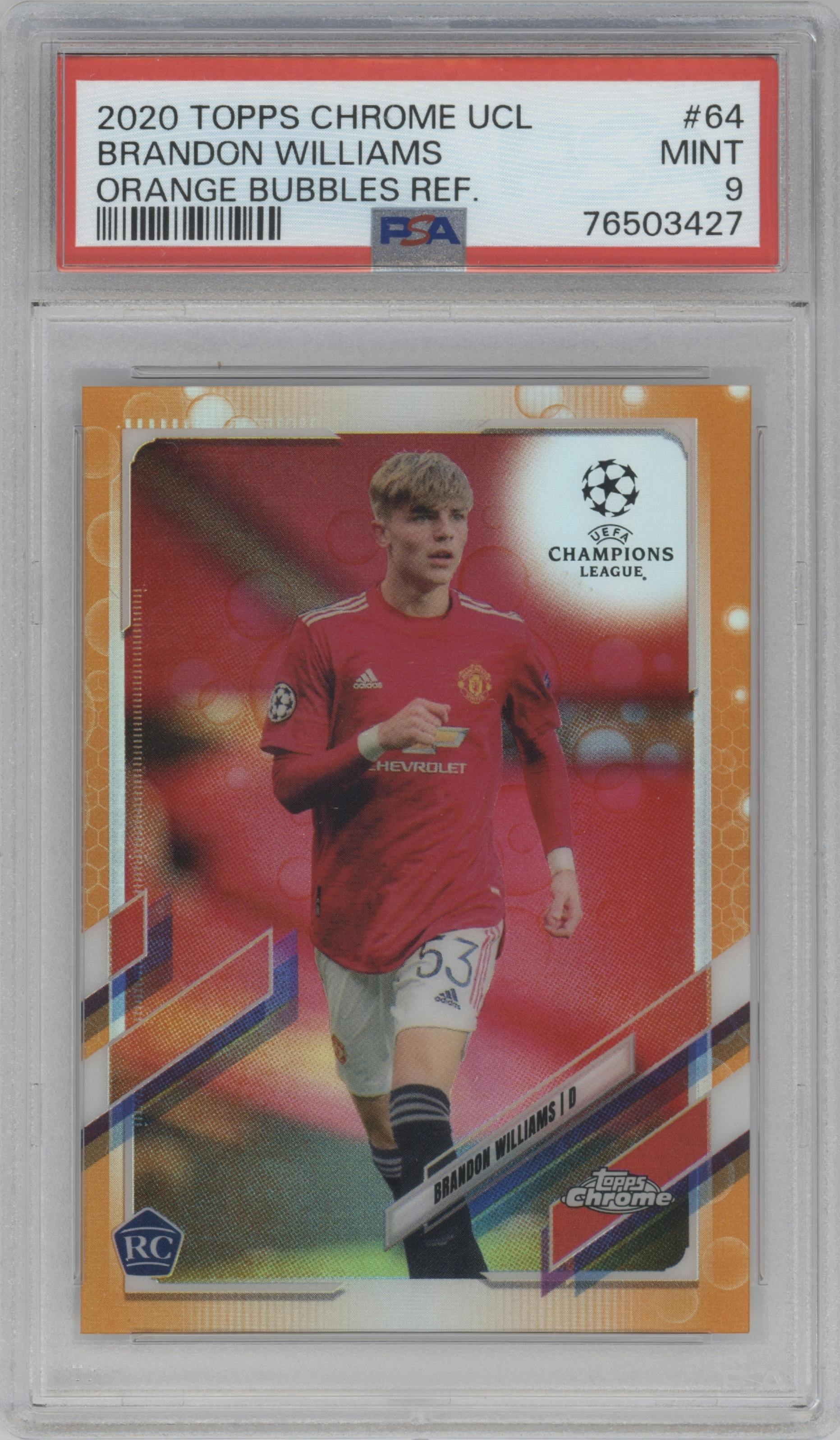 Brandon Williams from the 2020-21 Topps Chrome UEFA Champions League set featuring a Orange Bubbles Refractor parallel graded by PSA and given an overall grade of 9.