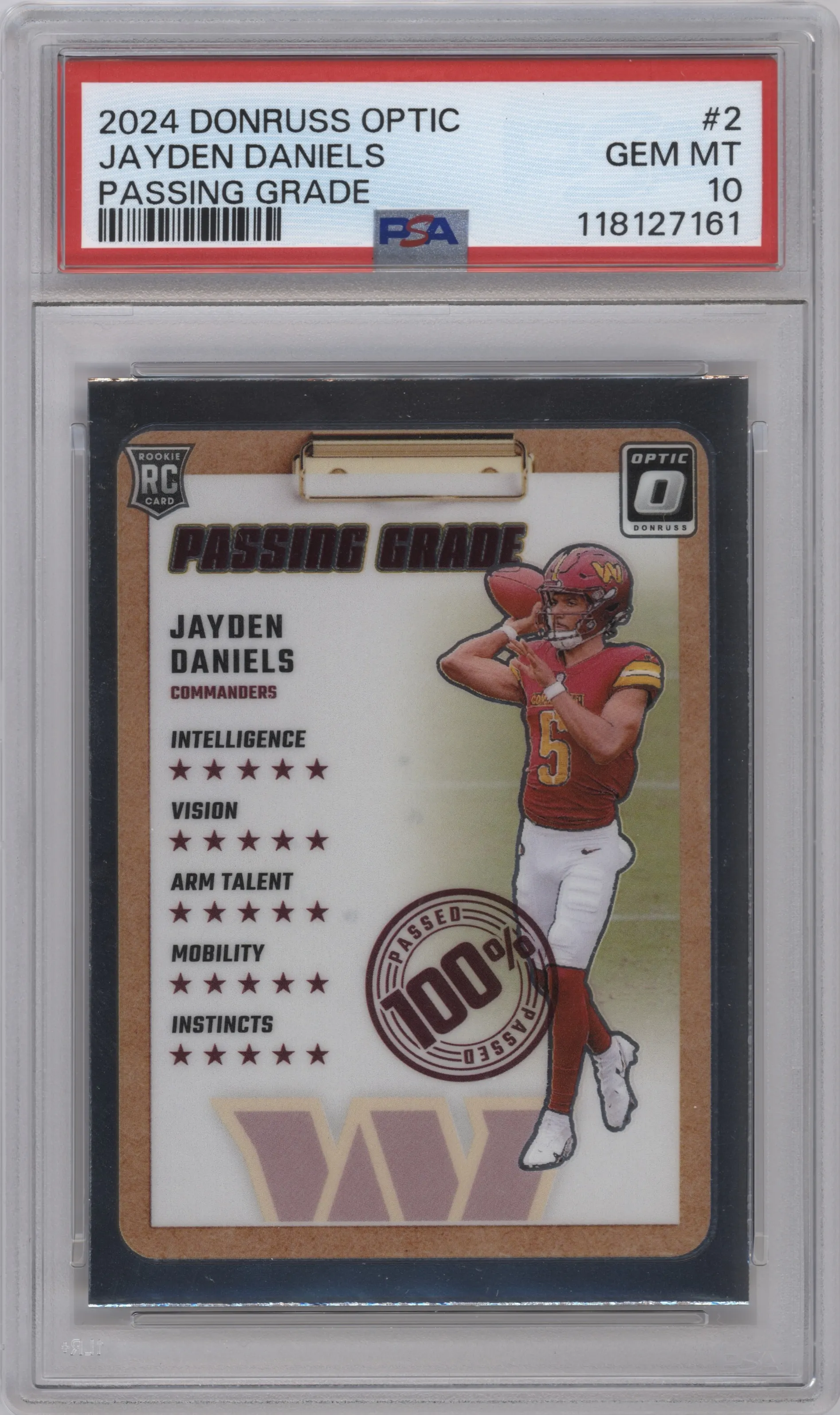 Jayden Daniels	 from the 2024 Donruss Optic set graded by PSA and given an overall grade of 10.