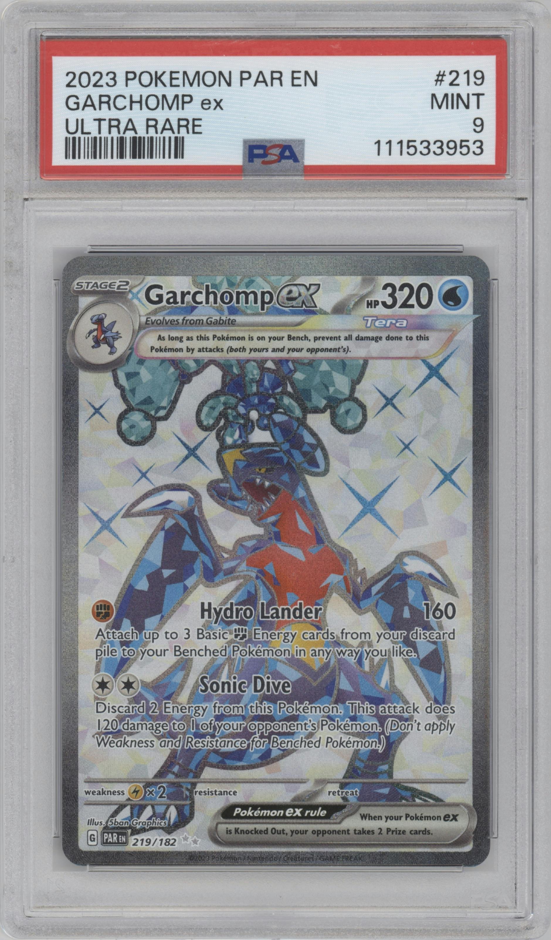 Garchomp ex from the 2023 Pokemon SV set graded by PSA and given an overall grade of 9.