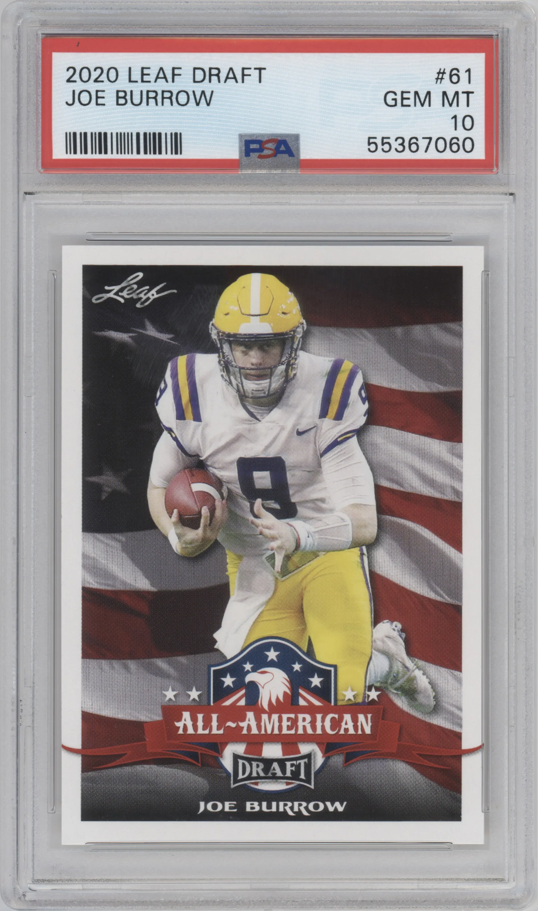 Joe Burrow from the 2020 Leaf Draft set graded by PSA and given an overall grade of 10.