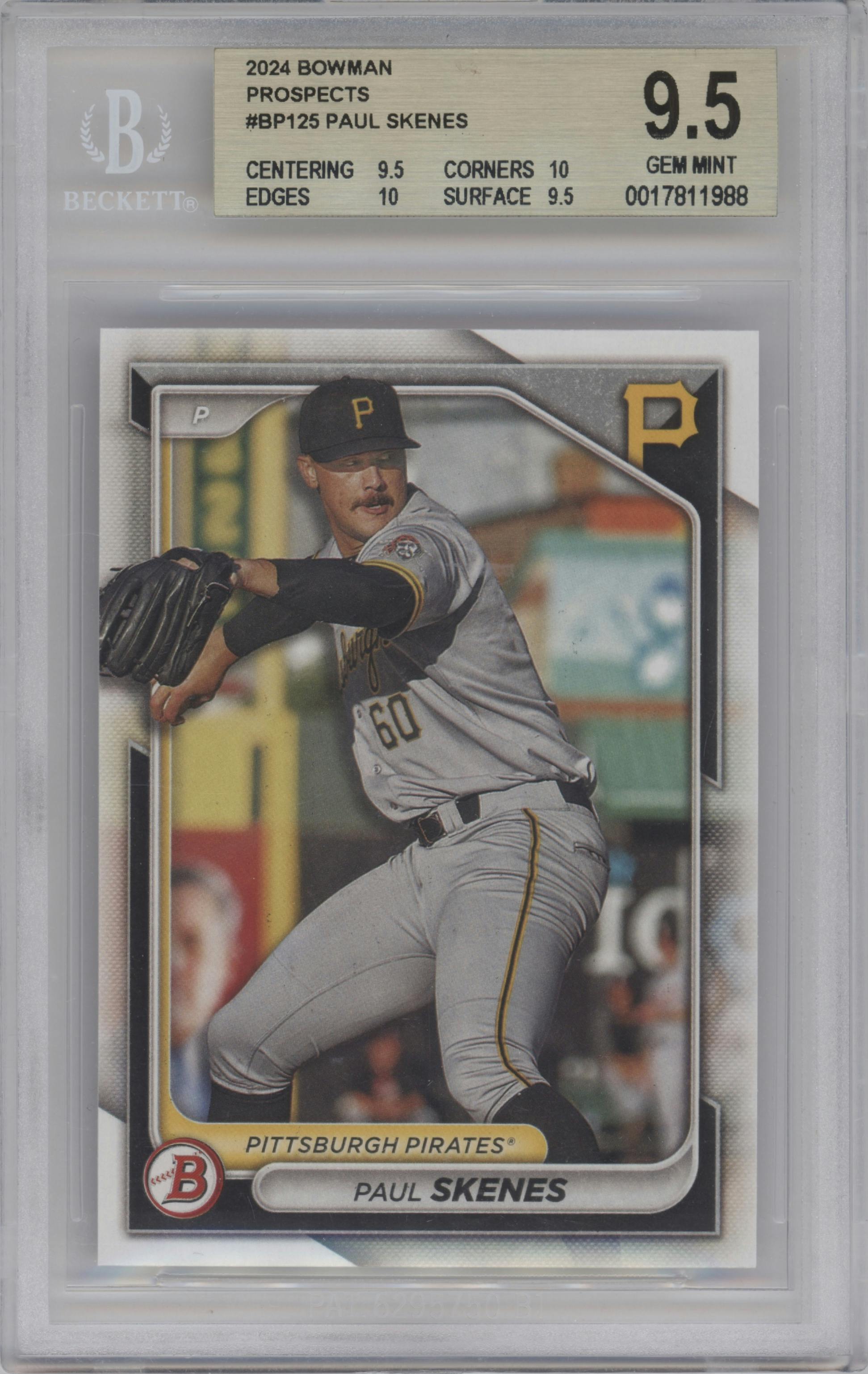 Paul Skenes from the 2024 Bowman set graded by Beckett and given an overall grade of 9.5.