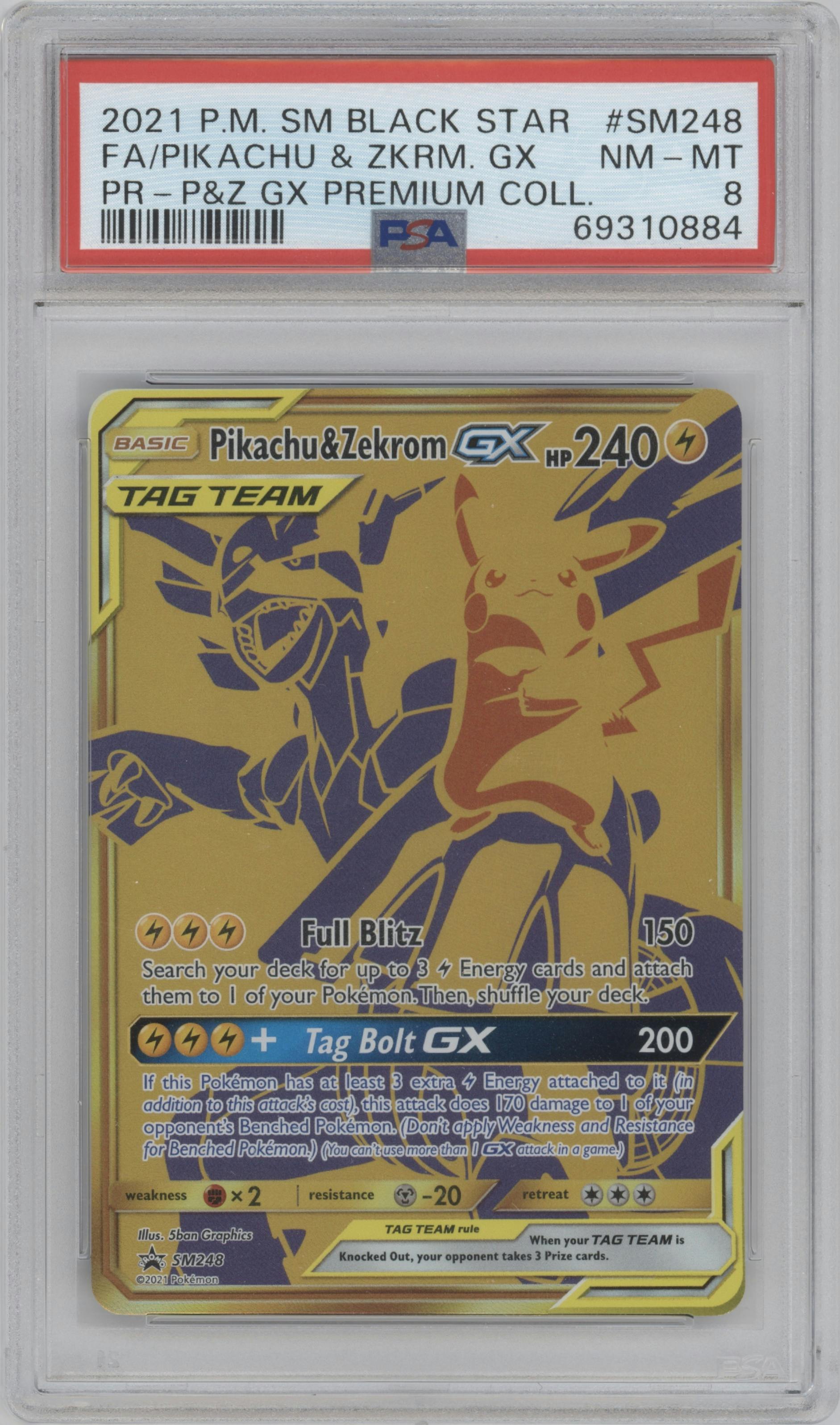 Pikachu/Zekrom GX from the 2021 Pokemon S&M set featuring a Pikachu & Zekrom GX Premium Collection parallel graded by PSA and given an overall grade of 8.