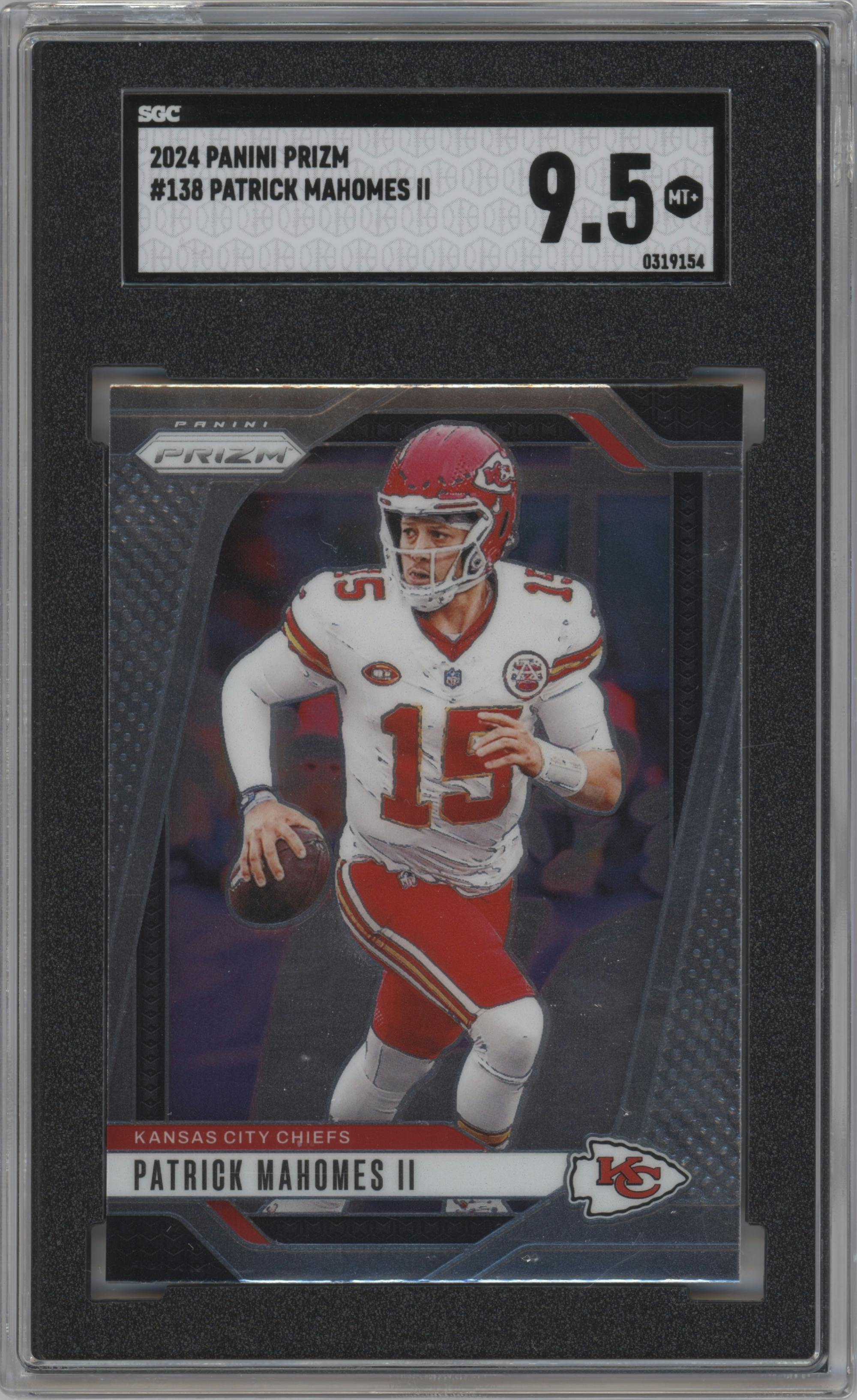Patrick Mahomes II from the 2024 Panini Prizm set graded by SGC and given an overall grade of 9.5.