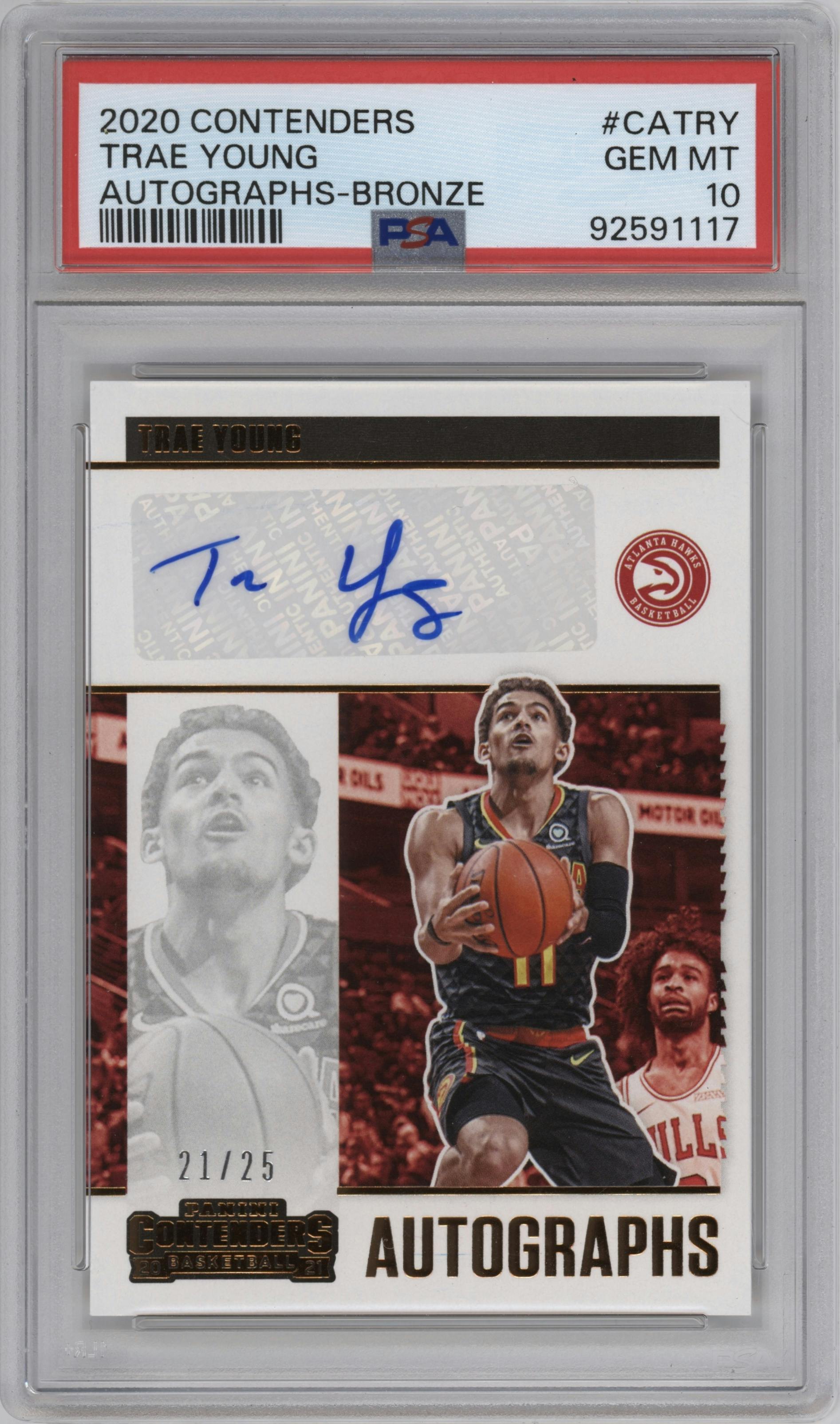 Trae Young from the 2020-21 Panini Contenders set featuring a Bronze parallel graded by PSA and given an overall grade of 10.