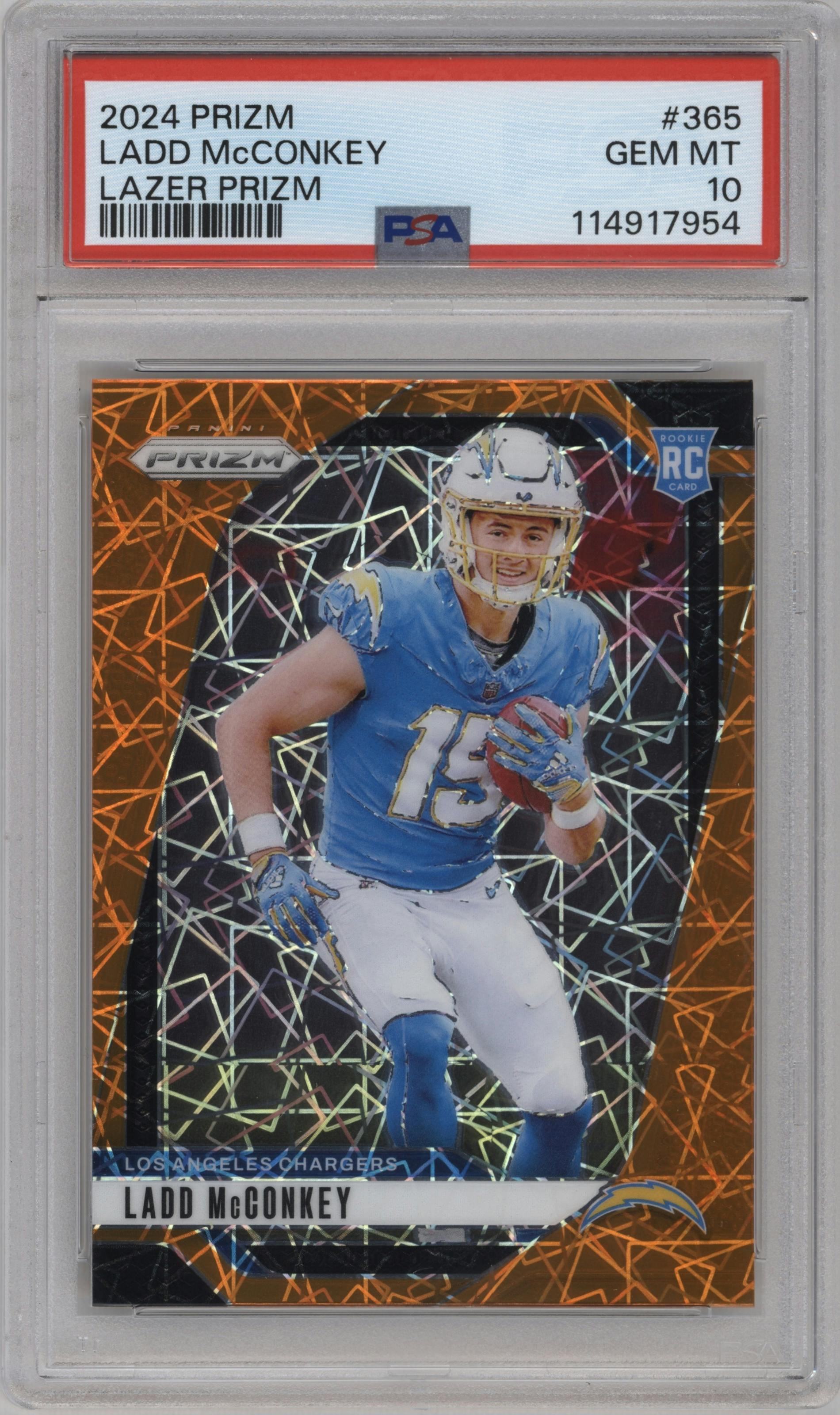 Ladd McConkey from the 2024 Panini Prizm set featuring a Lazer Prizm parallel graded by PSA and given an overall grade of 10.