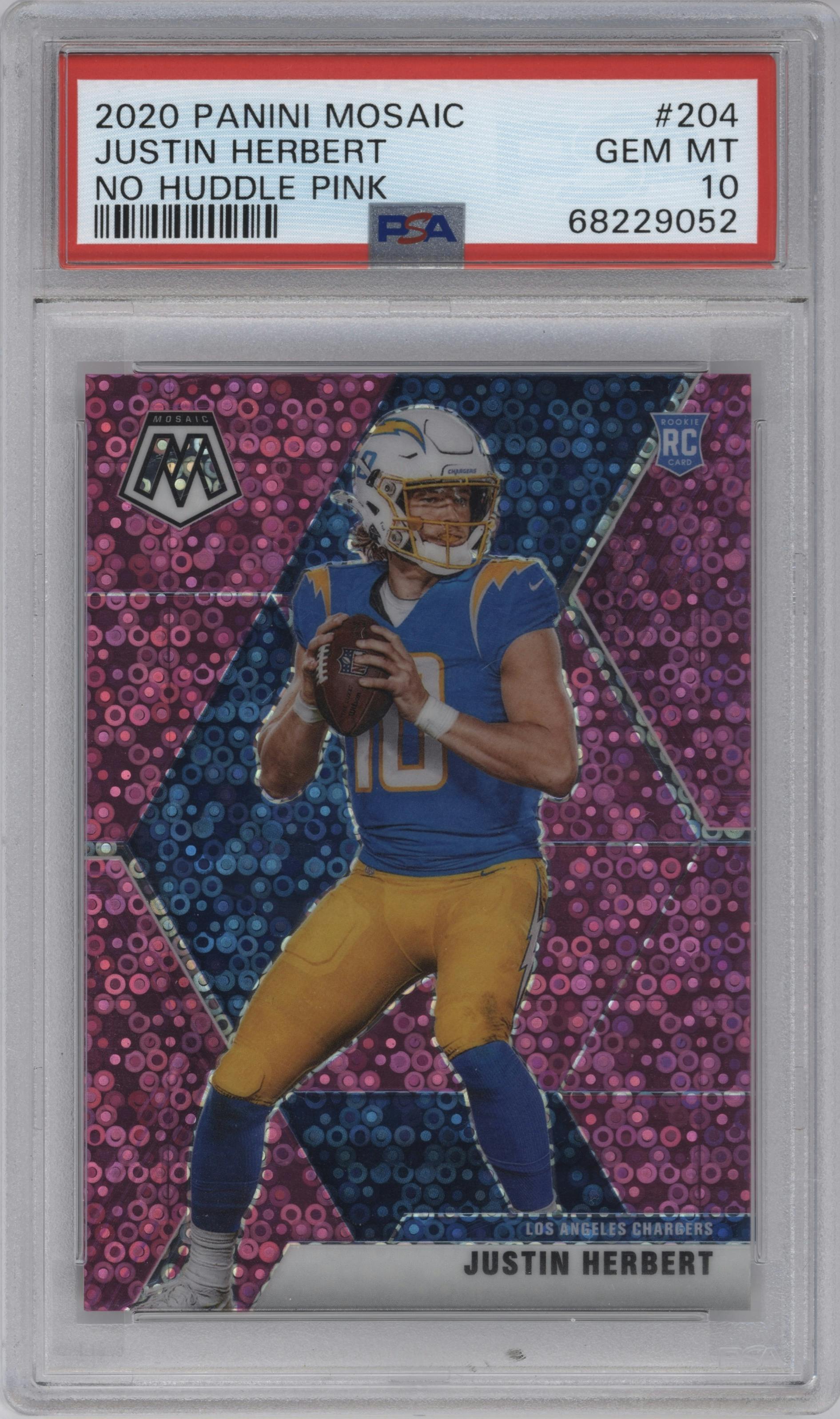 Justin Herbert from the 2020 Panini Mosaic set featuring a No Huddle Pink parallel graded by PSA and given an overall grade of 10.