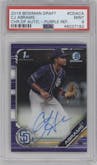 CJ Abrams from the 2019 Bowman Draft set featuring a Purple Refractor parallel graded by PSA and given an overall grade of 9.