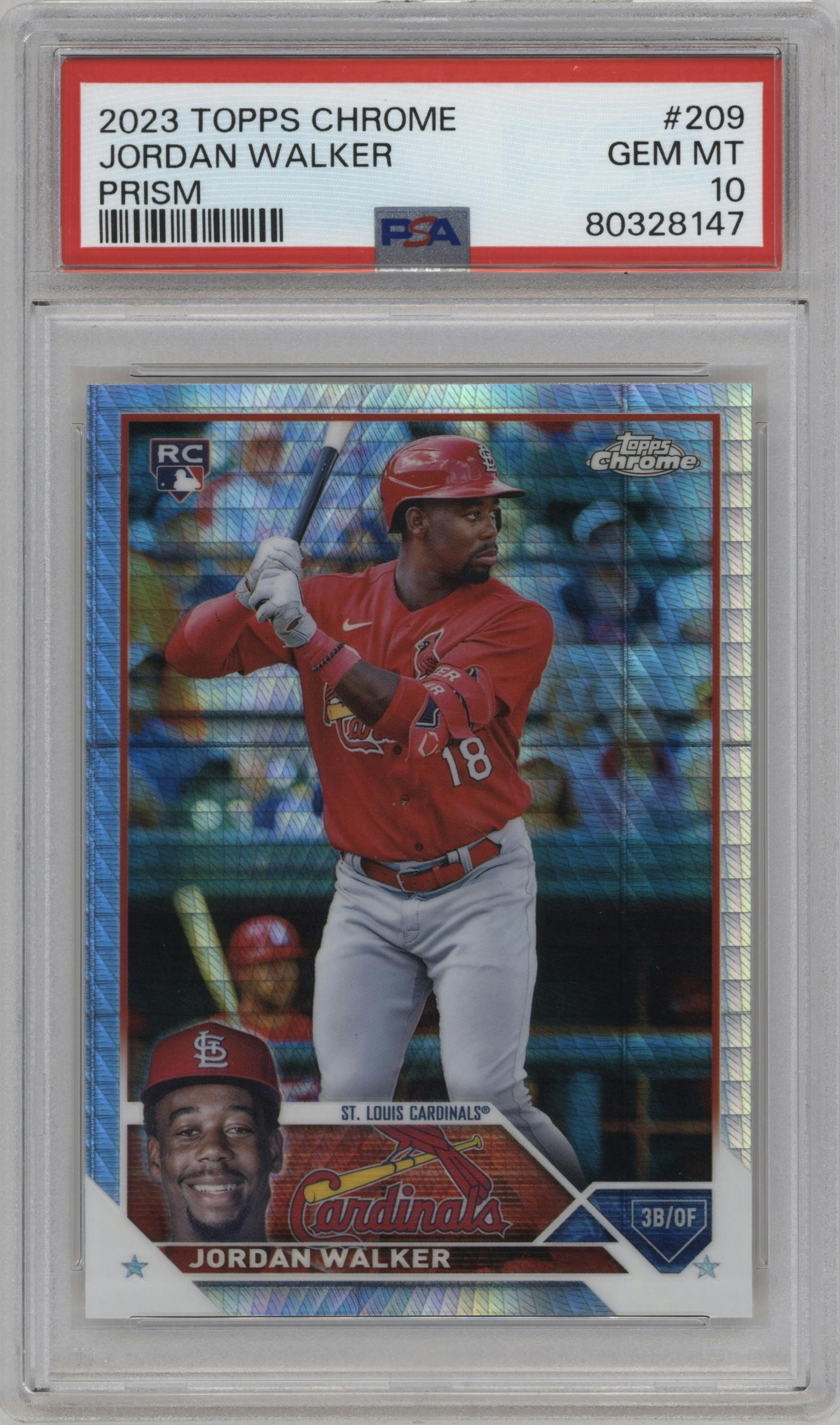 Jordan Walker from the 2023 Topps Chrome set featuring a Prism Refractor parallel graded by PSA and given an overall grade of 10.