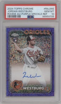 Jordan Westburg from the 2024 Topps Chrome set featuring a Purple Speckle Refractor parallel graded by PSA and given an overall grade of 10.
