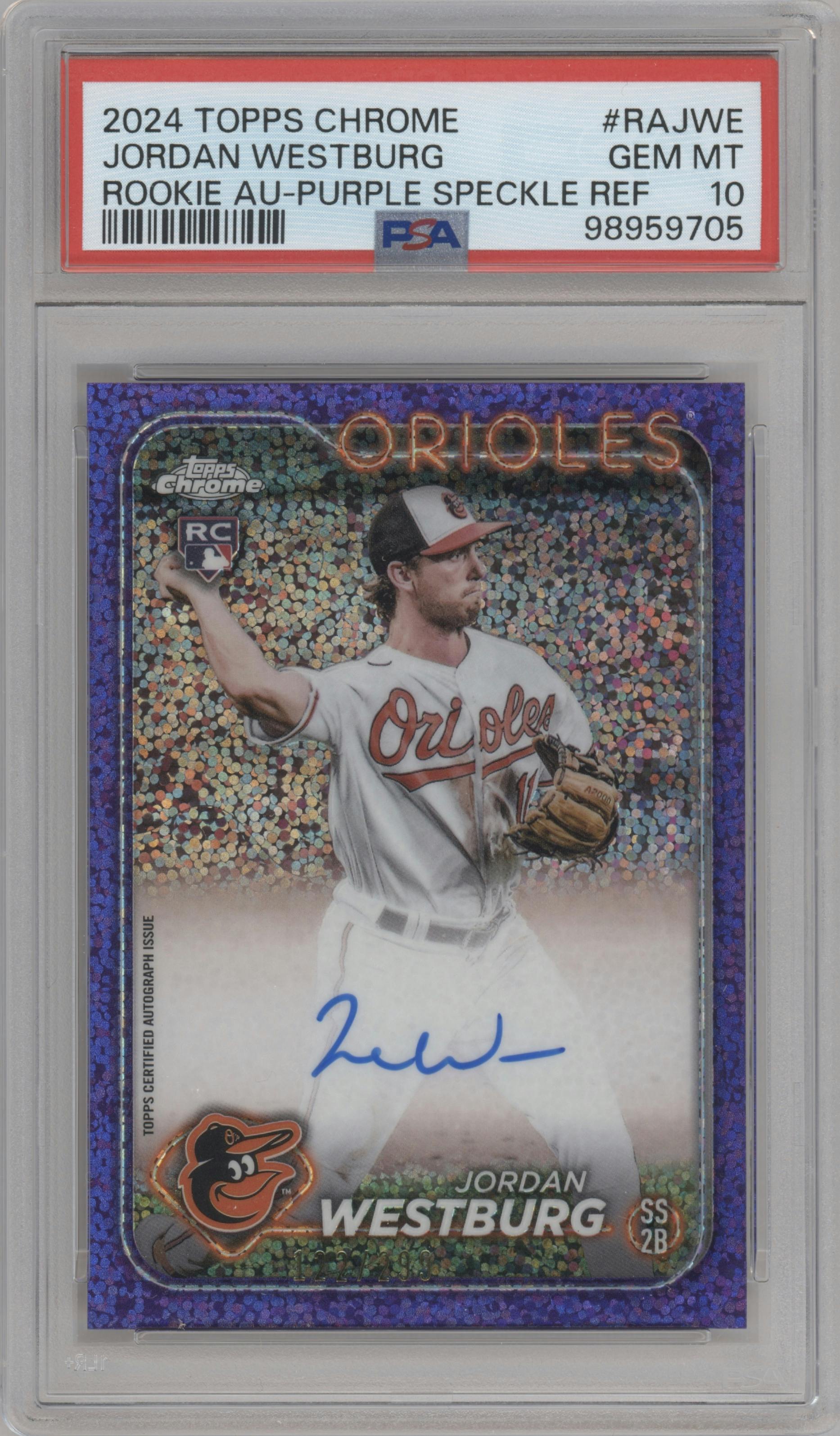 Jordan Westburg from the 2024 Topps Chrome set featuring a Purple Speckle Refractor parallel graded by PSA and given an overall grade of 10.