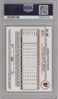Jordan Westburg from the 2024 Topps Chrome set featuring a Purple Speckle Refractor parallel graded by PSA and given an overall grade of 10.