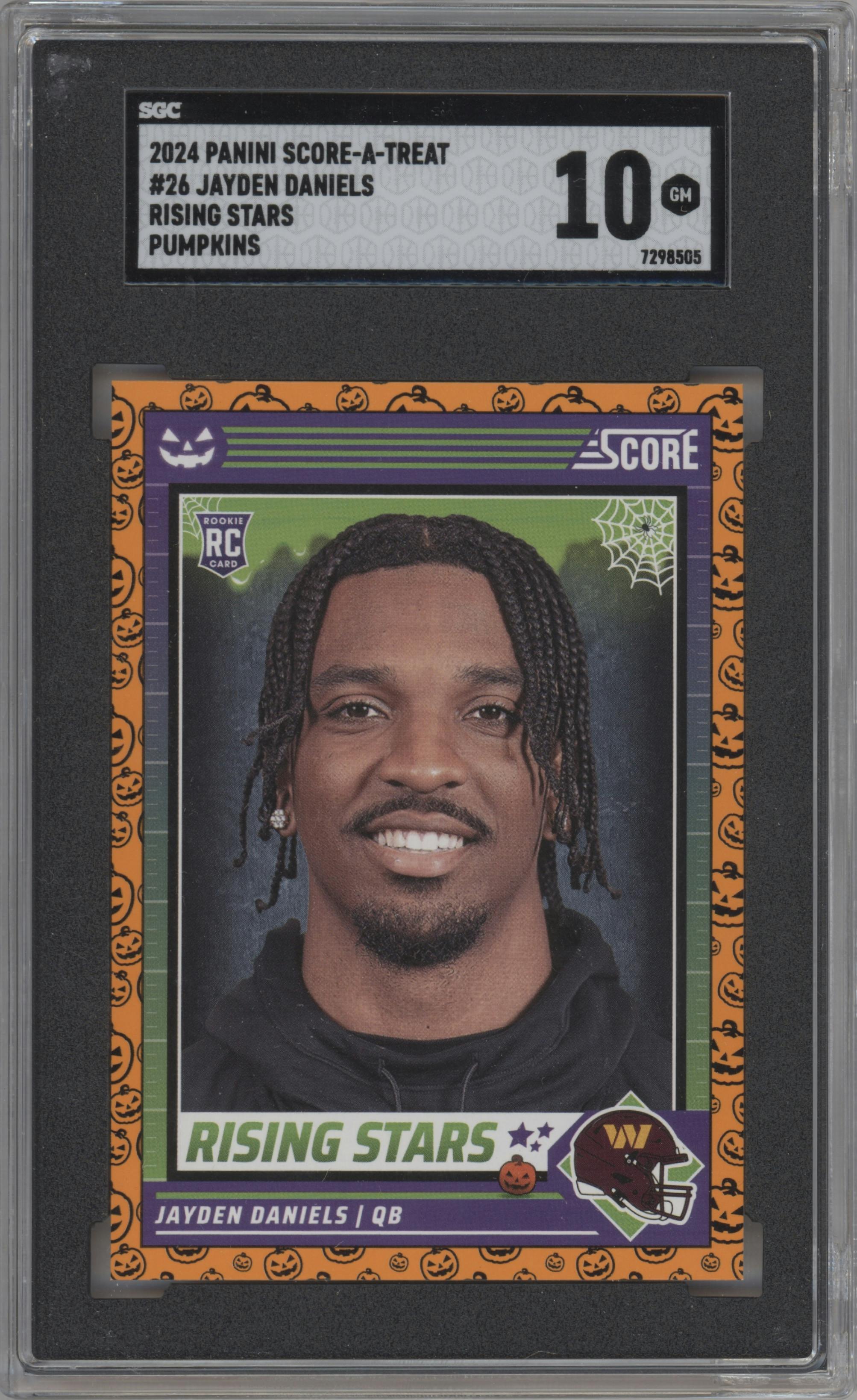 Jayden Daniels from the 2024 Score-a-Treat set featuring a Pumpkin parallel graded by SGC and given an overall grade of 10.