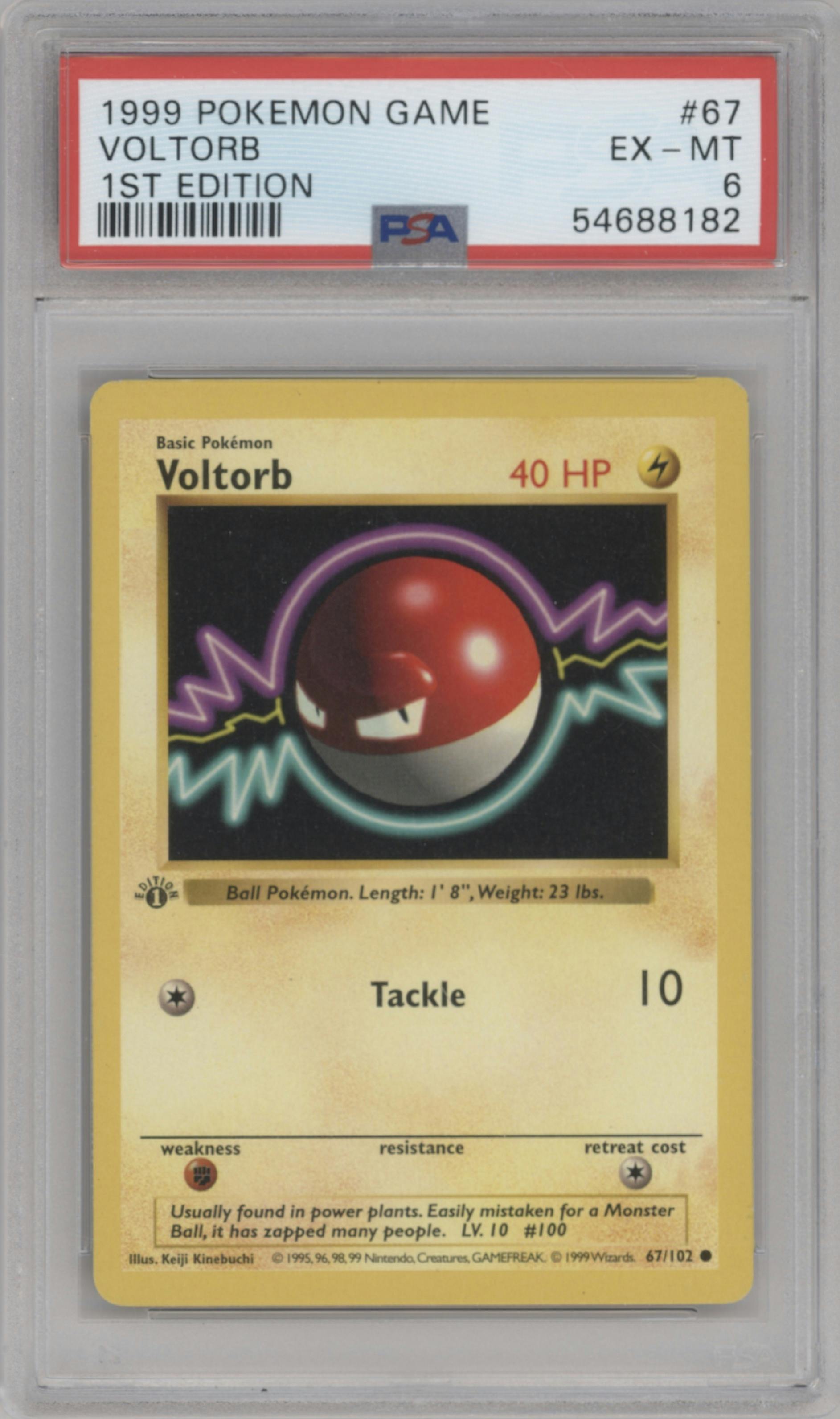 Voltorb from the 1999 Pokemon set graded by PSA and given an overall grade of 6.