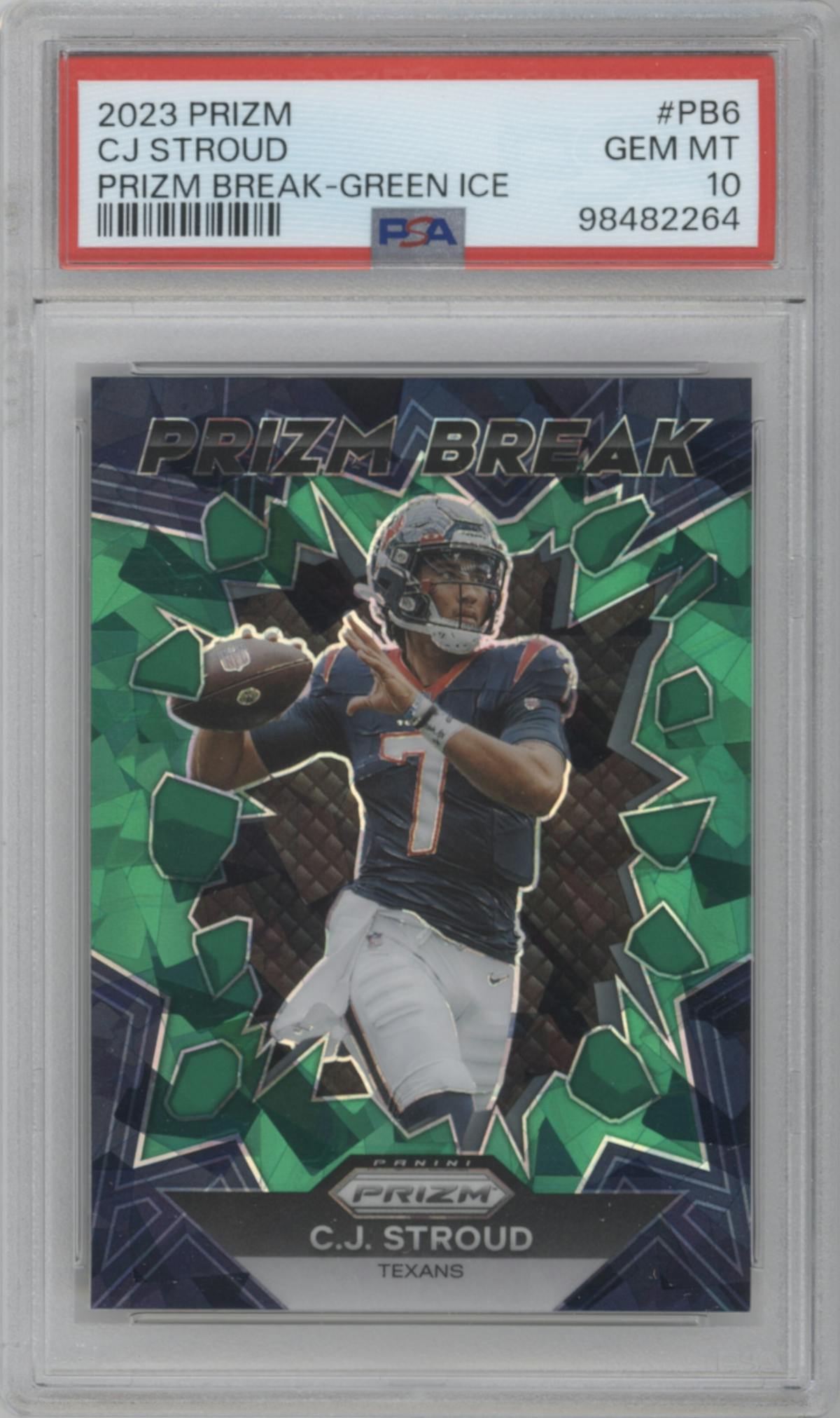 C.J. Stroud from the 2023 Panini Prizm set featuring a Green Ice parallel graded by PSA and given an overall grade of 10.