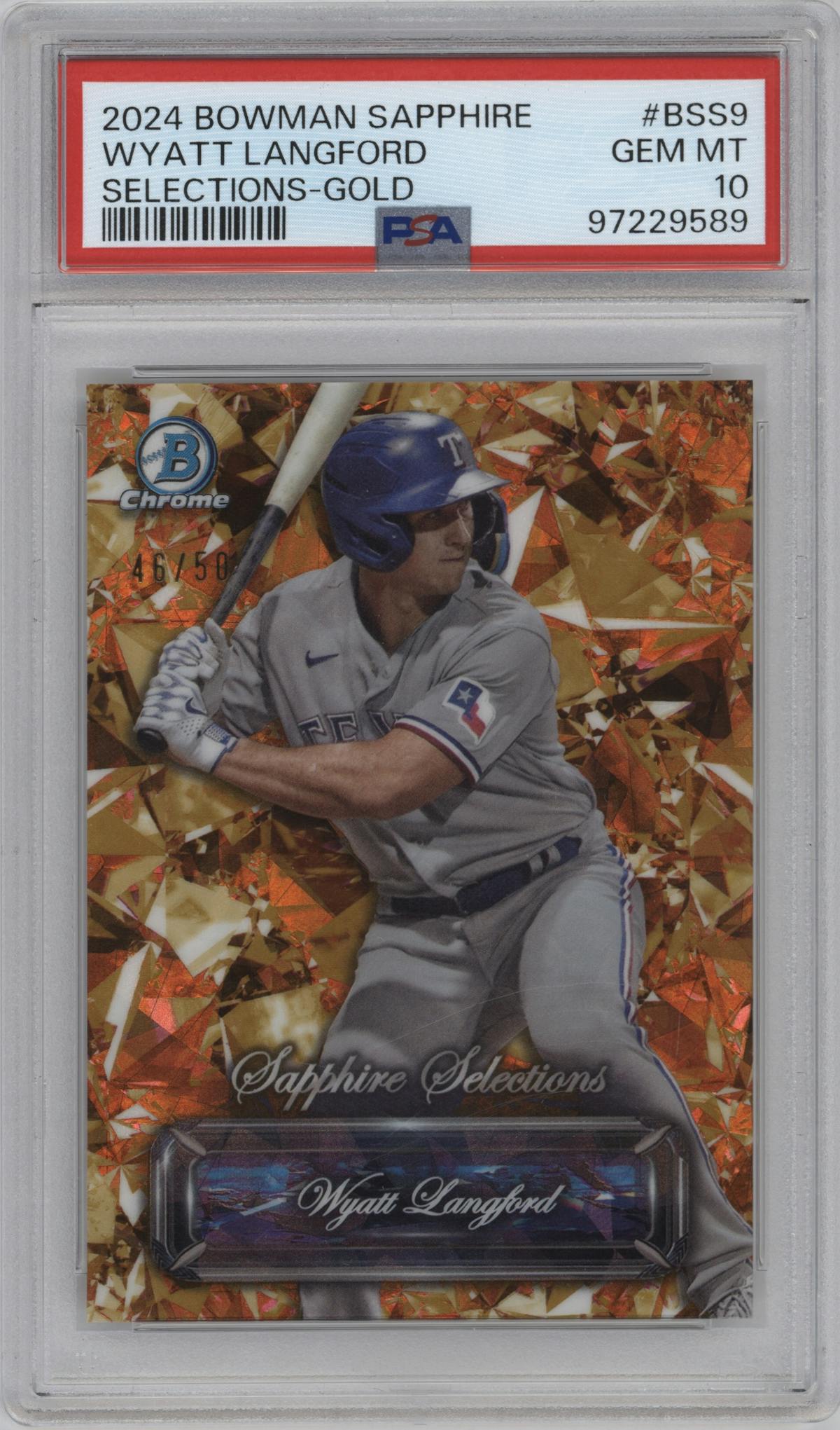 Wyatt Langford from the 2024 Bowman Sapphire Edition set featuring a Gold Refractor parallel graded by PSA and given an overall grade of 10.