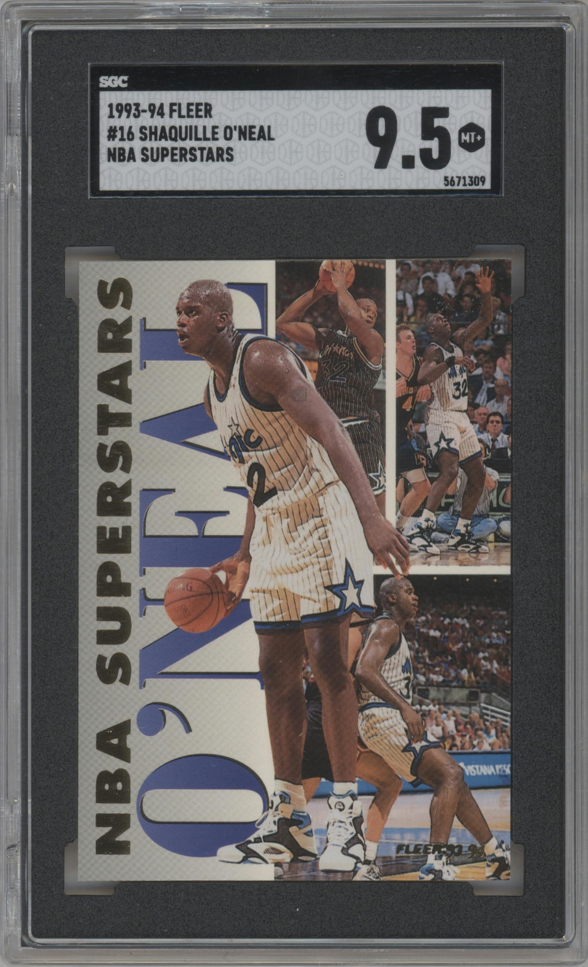 Shaquille O'Neal from the 1993-94 Fleer set graded by SGC and given an overall grade of 9.5.