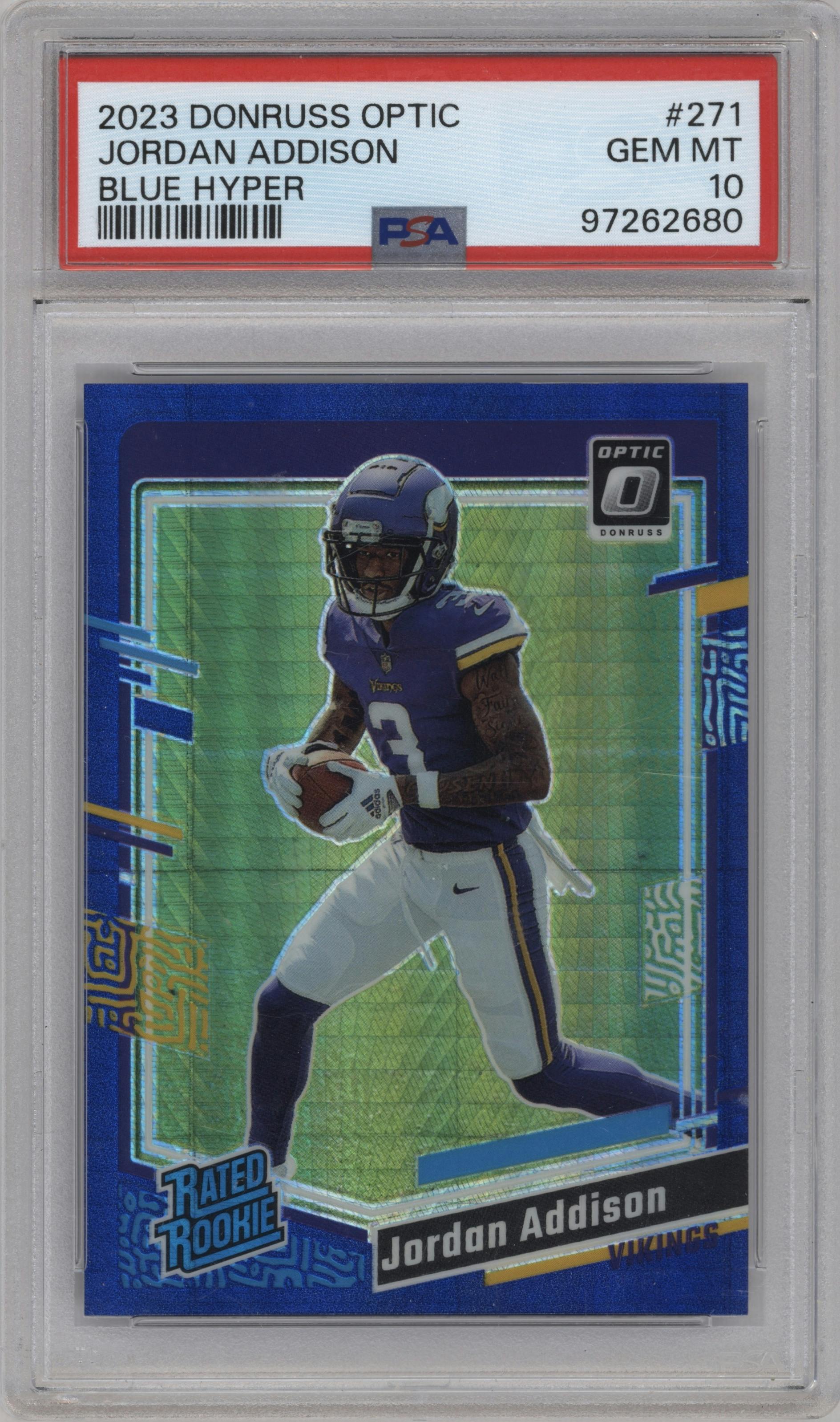 Jordan Addison from the 2023 Donruss Optic set featuring a Hyper Blue parallel graded by PSA and given an overall grade of 10.