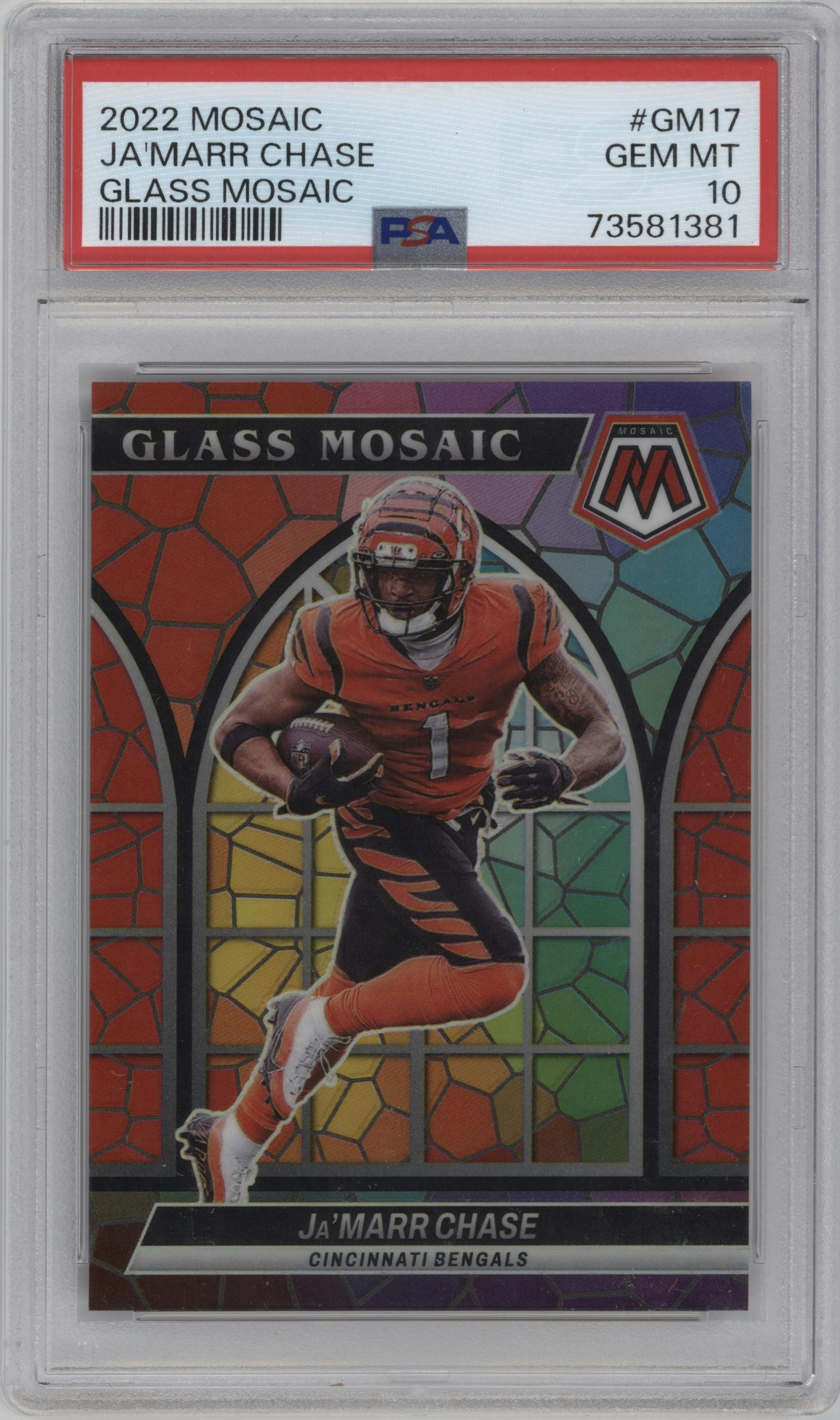 Ja'Marr Chase from the 2022 Panini Mosaic set graded by PSA and given an overall grade of 10.