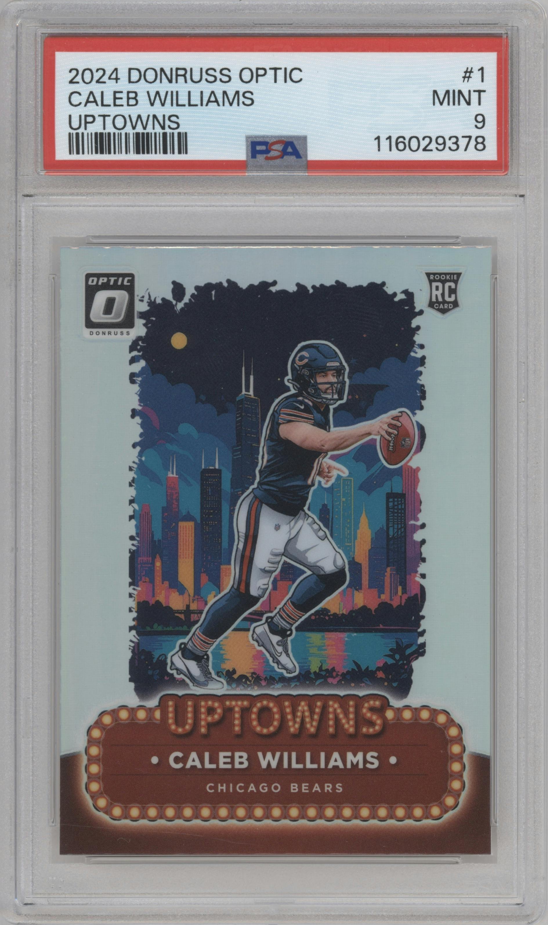 Caleb Williams from the 2024 Donruss Optic set graded by PSA and given an overall grade of 9.