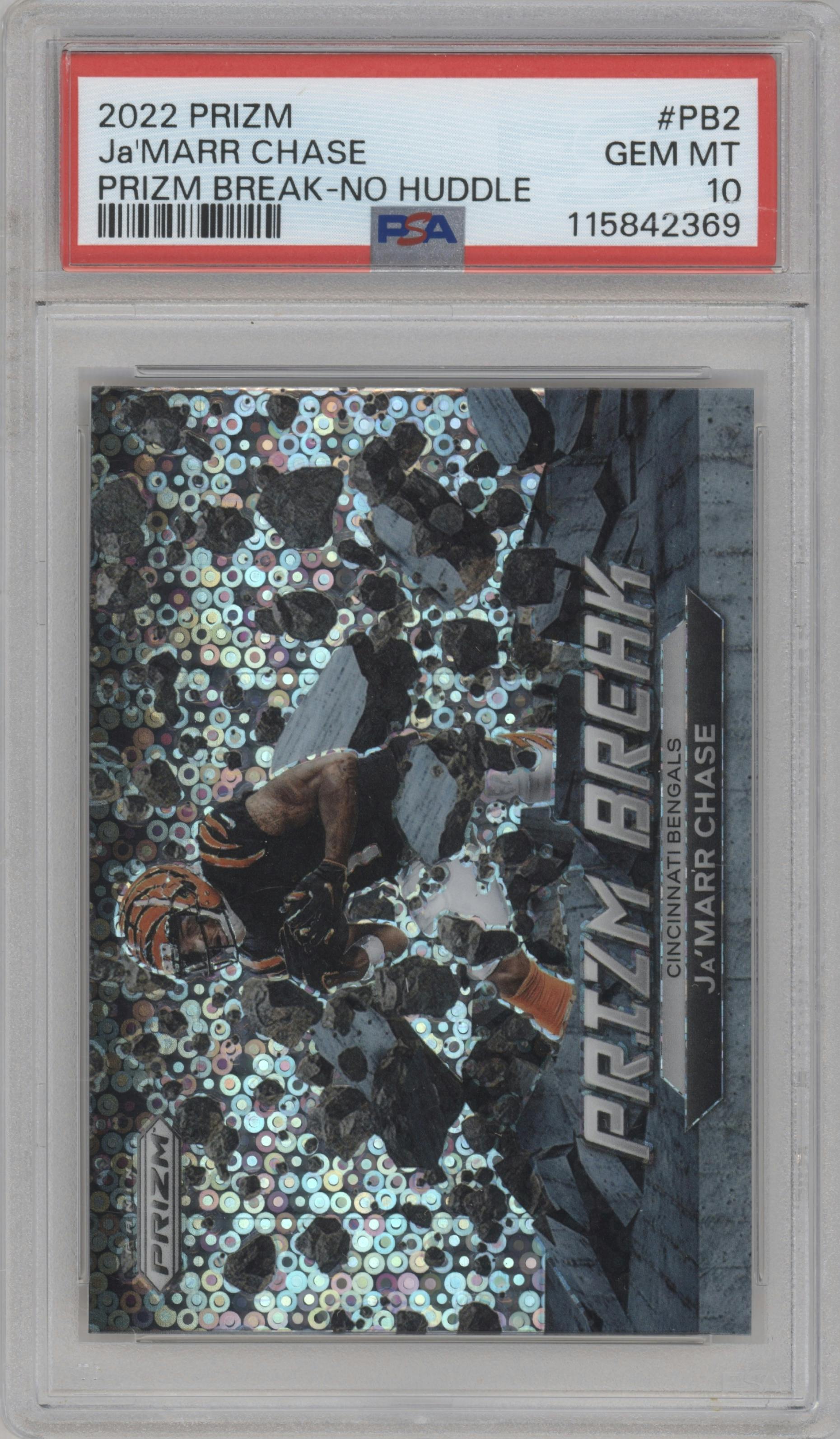 Ja'Marr Chase from the 2022 Panini Prizm set featuring a No Huddle parallel graded by PSA and given an overall grade of 10.