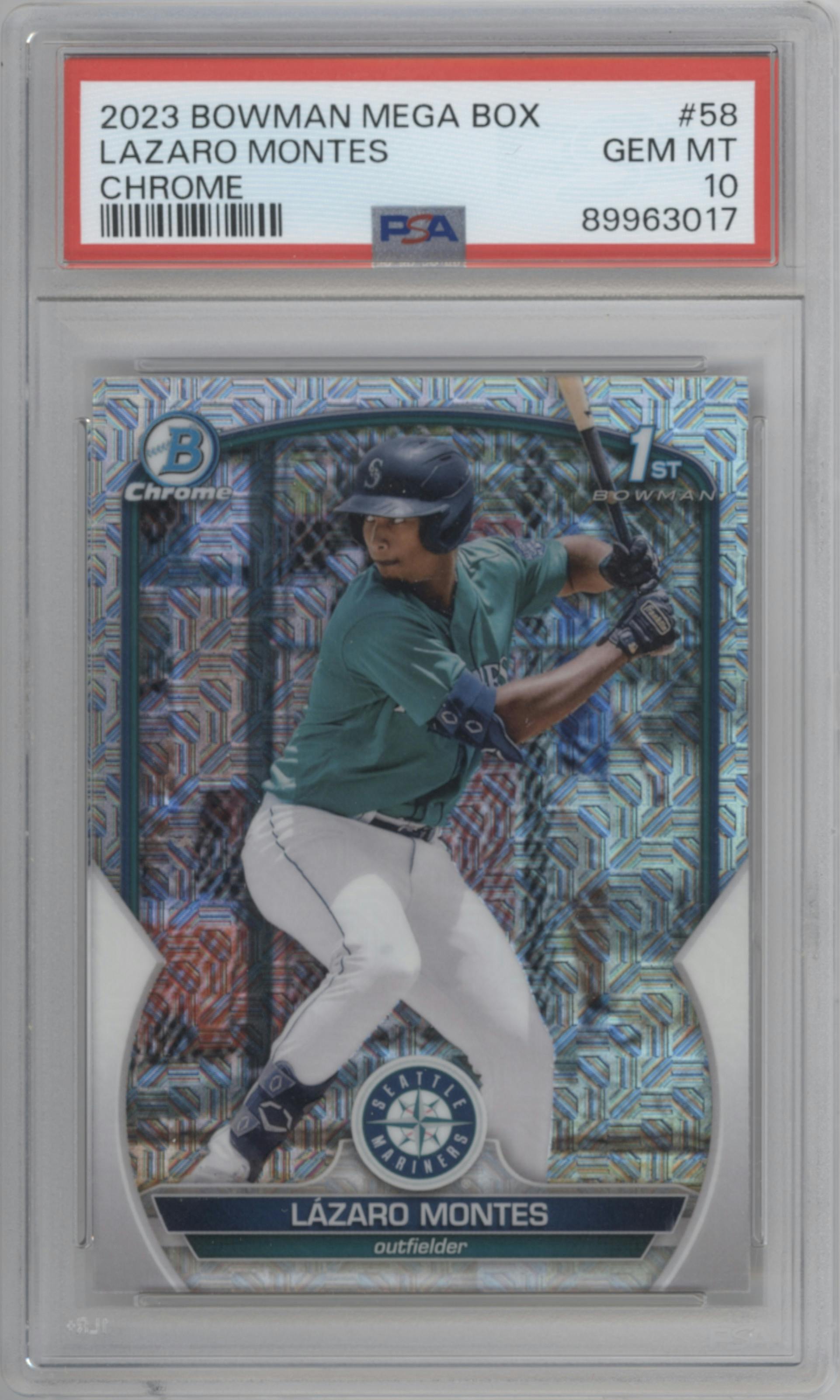 Lazaro Montes from the 2023 Bowman Mega Box set graded by PSA and given an overall grade of 10.
